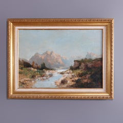 Antique Impressionist Painting of Mountain Scene & River, Signed, 19th C