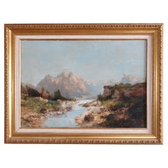 Antique Impressionist Painting of Mountain Scene & River, Signed, 19th C
