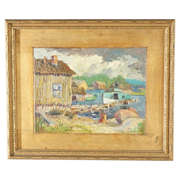Antique Impressionistic Harbor Painting on Board by Clifford L Warner, 20thC