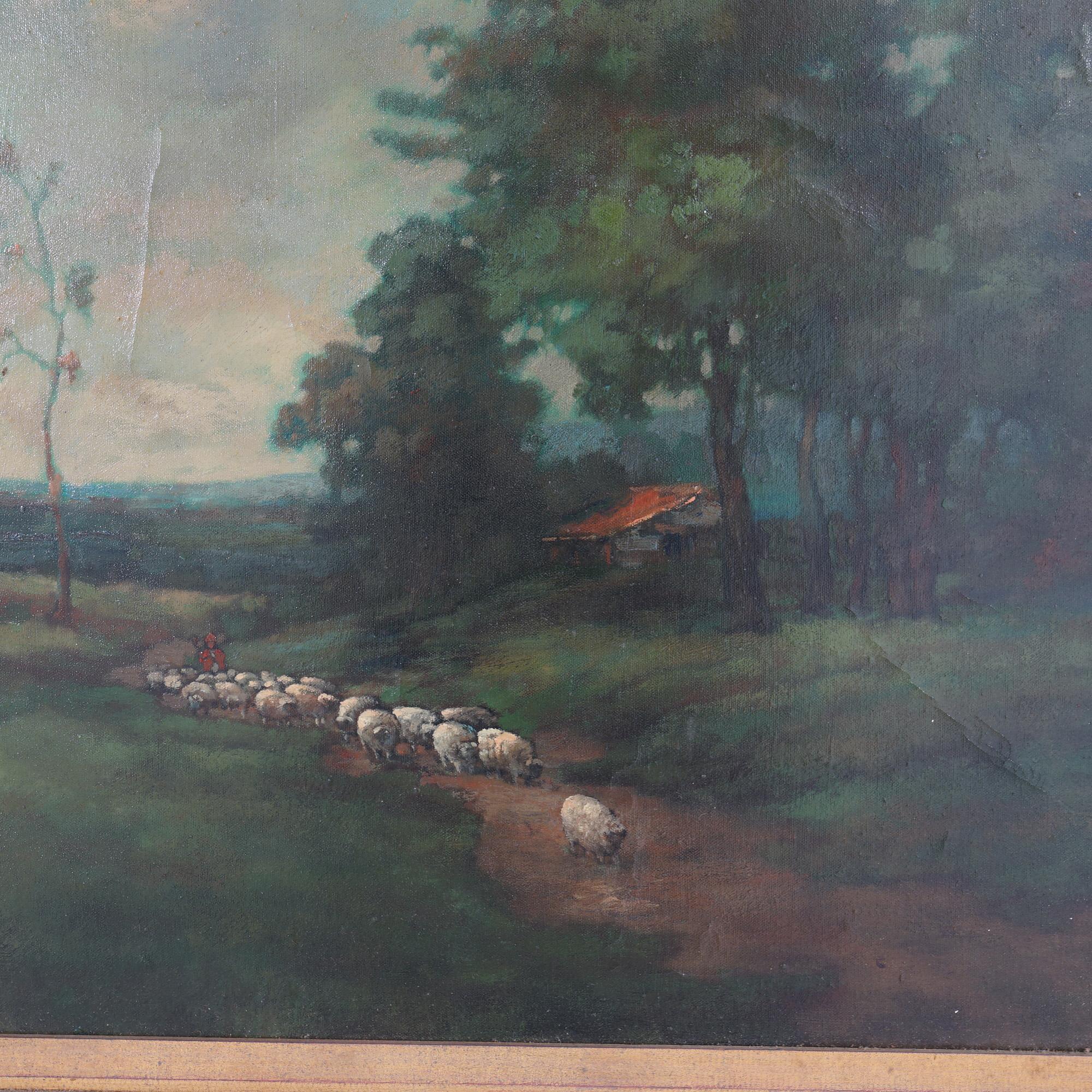 Antique Impressionistic Landscape Oil Painting, Farm Scene with Sheep ...