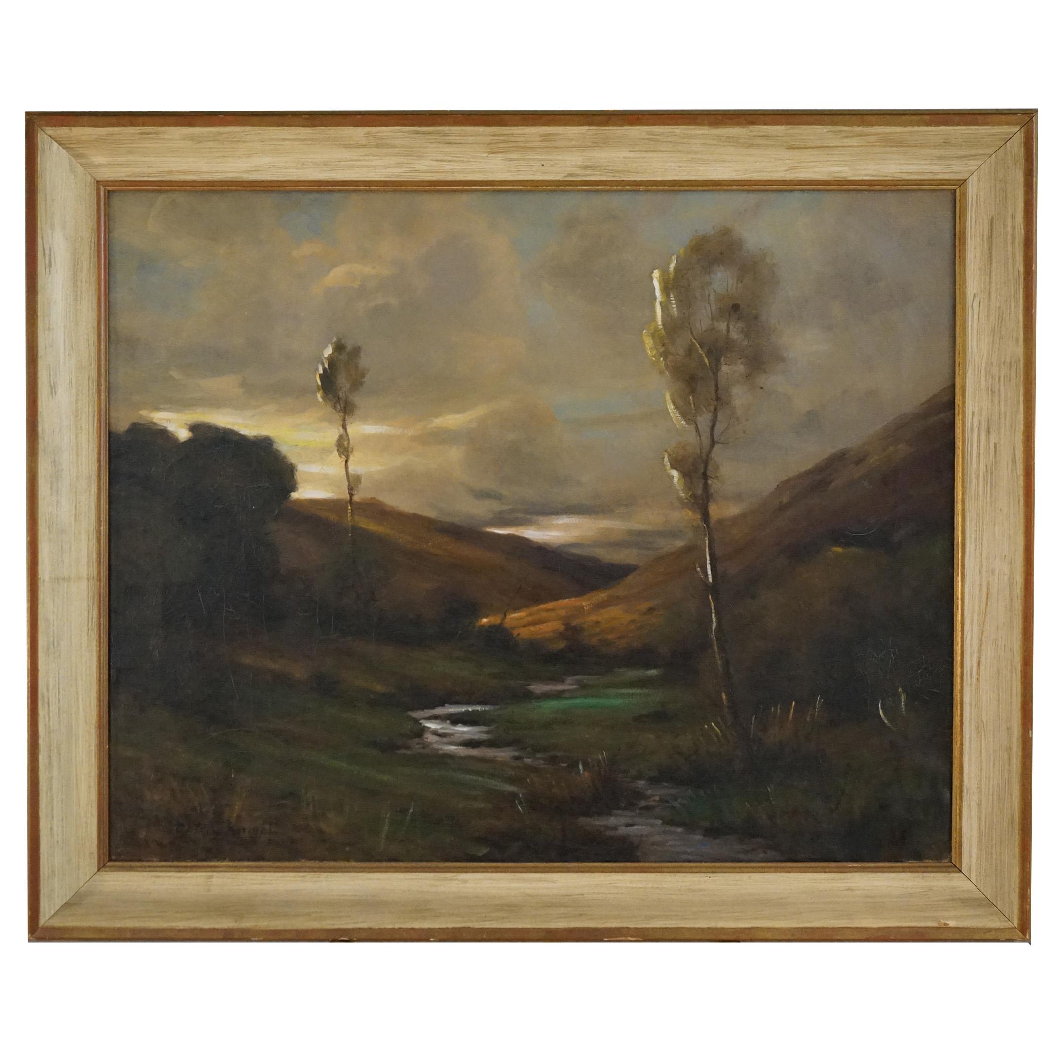 An antique Impressionistic painting by Louis Aston Knight offers oil on canvas landscape with river valley, artist signed, seated in wood frame, circa 1930

Measures - 31.5