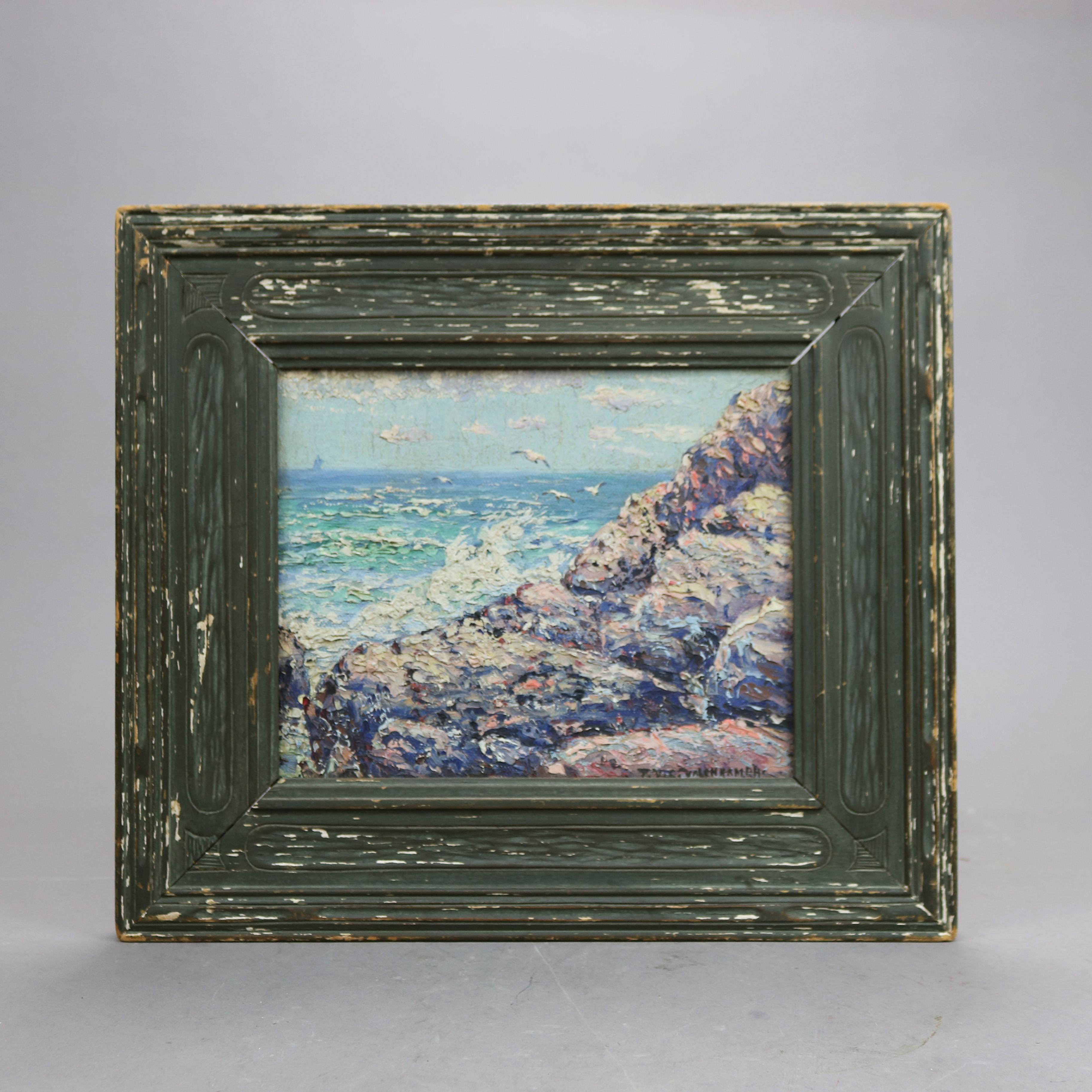 An antique impressionistic painting in the manner of New Hope School offers oil on board coastal seascape scene with rocky shore and seagulls, artist signed lower right, seated in painted wood frame, c1920

Measures - 13.75'' H x 15.75'' W x 1.5''