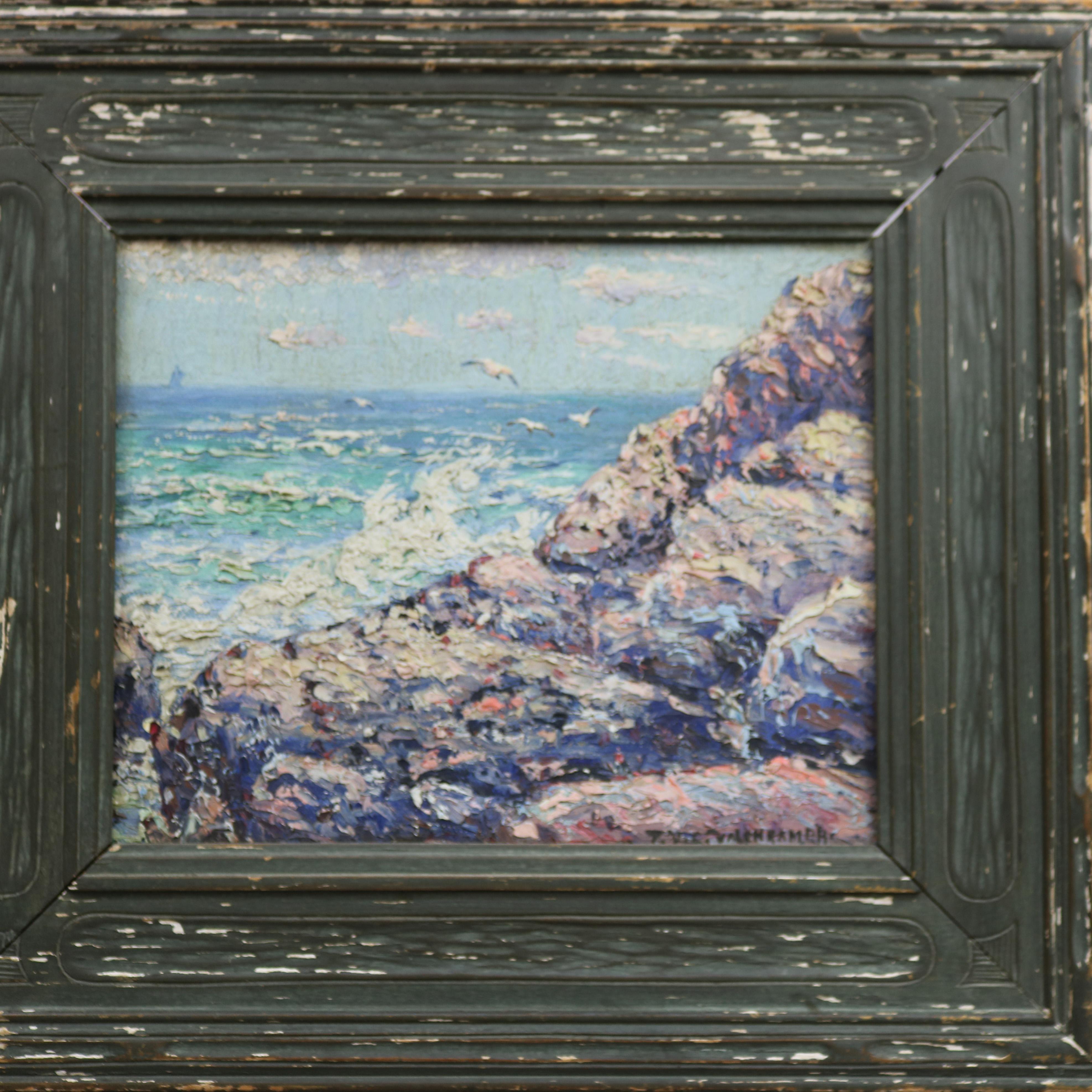 American Antique Impressionistic New Hope School Coastal Seascape Painting, Signed, 1920