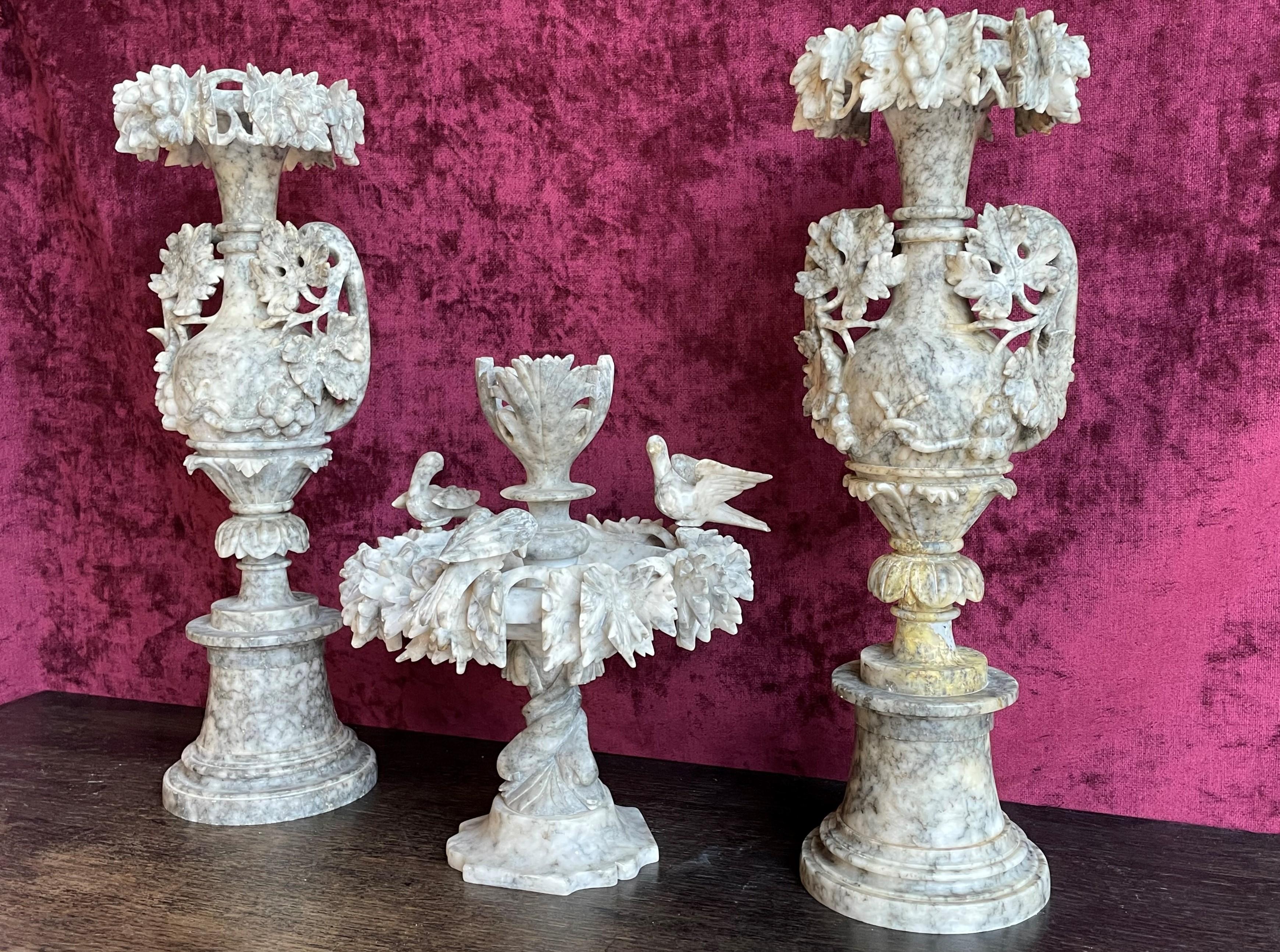 Antique & Impressive, Beautifully Hand Carved Alabaster Set of Ornamental Vases 3