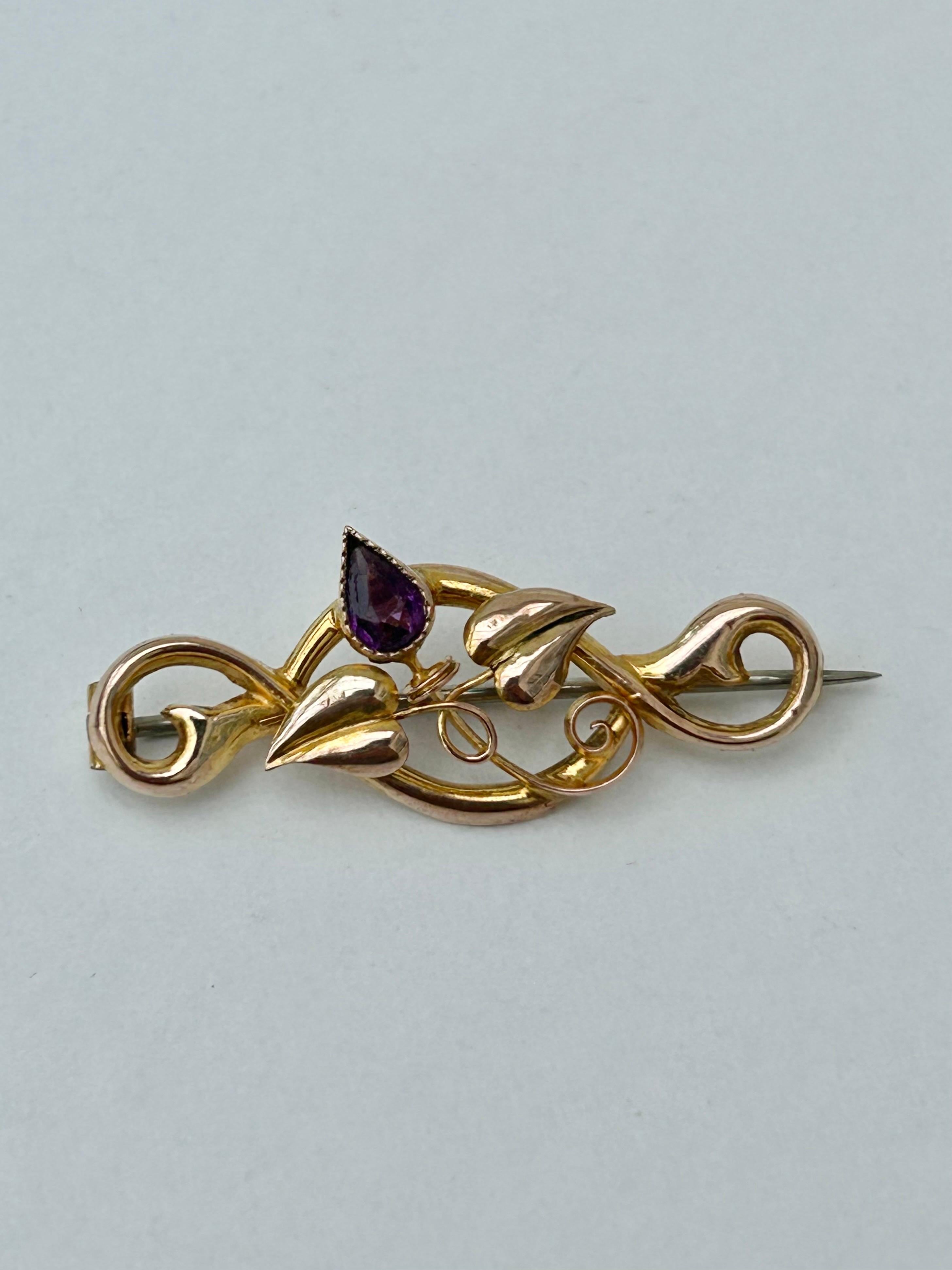 Artist Antique in Box Gold and Amethyst Leaf Brooch For Sale