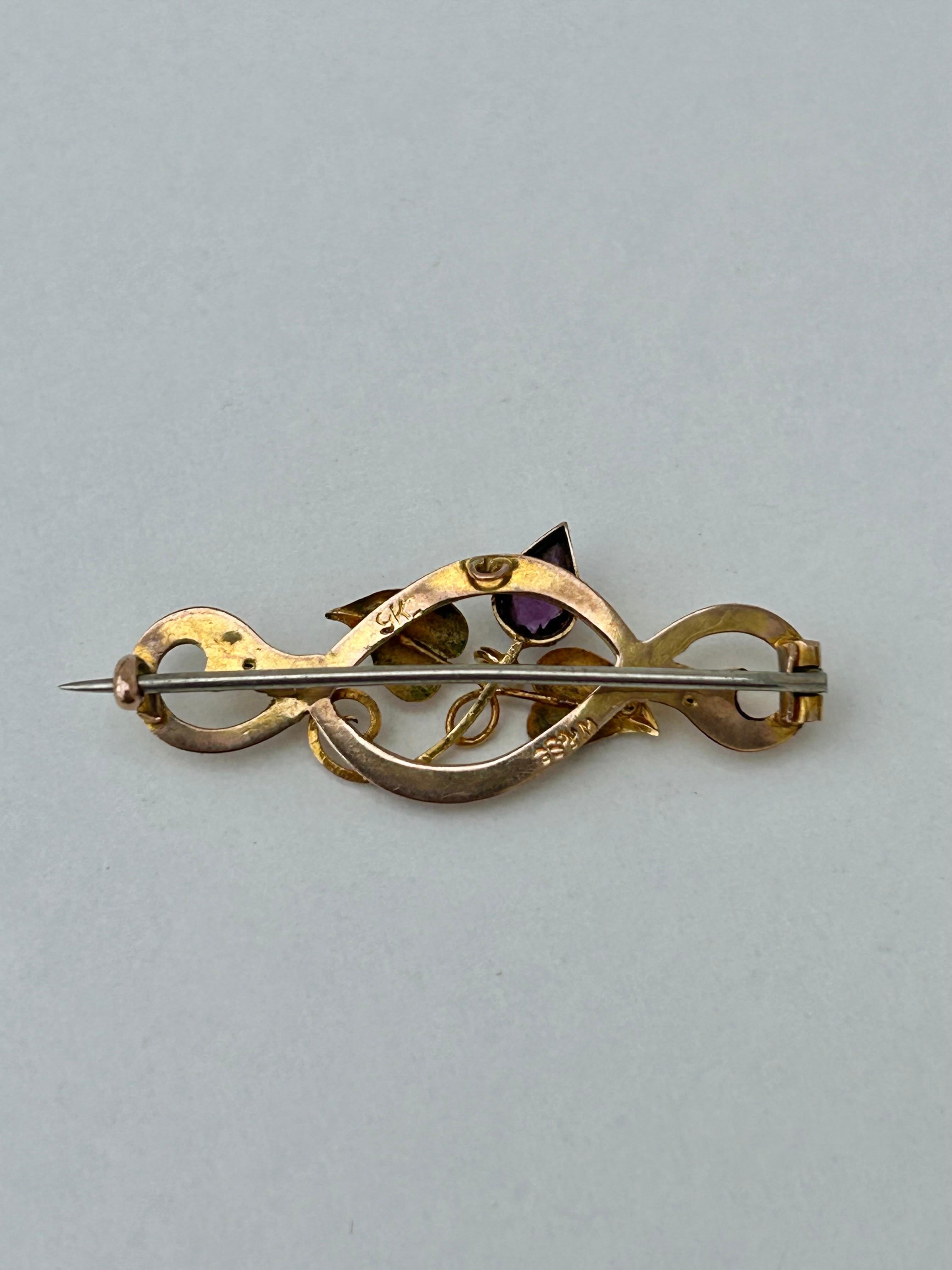 Pear Cut Antique in Box Gold and Amethyst Leaf Brooch For Sale