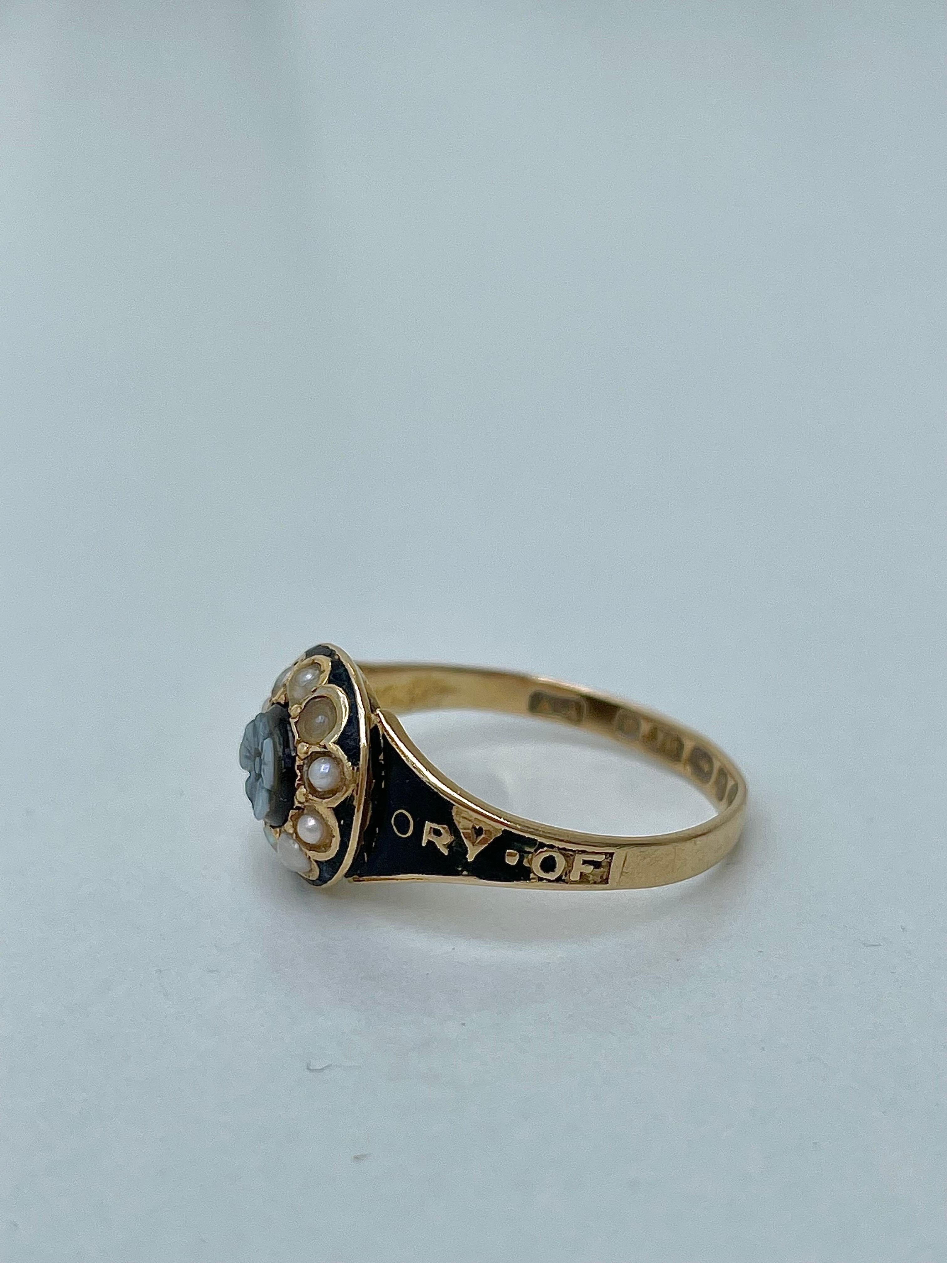 Victorian Antique ‘ in memory of’ Pearl Halo Sardonyx Flower 18ct Ring For Sale