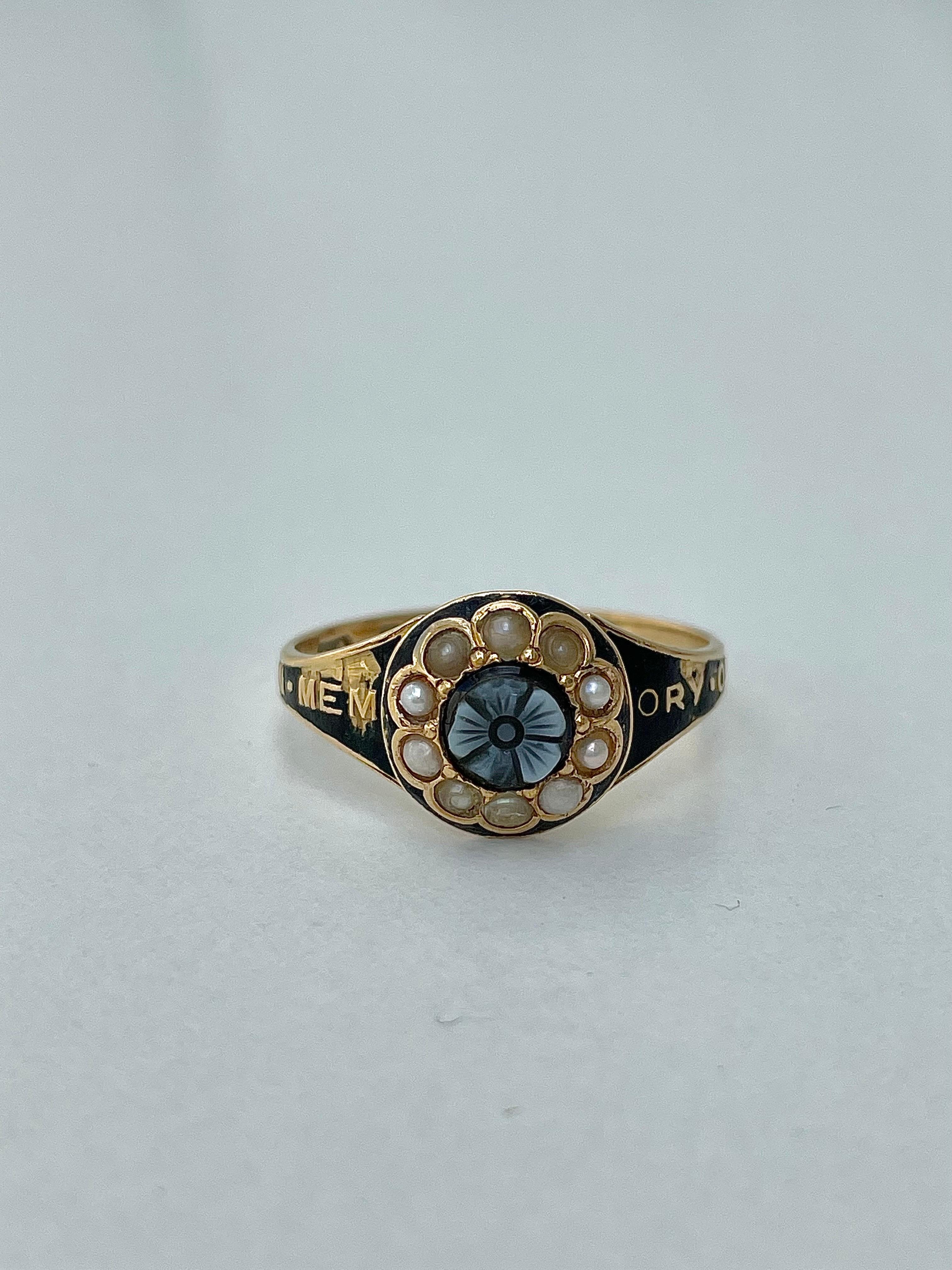 Bead Antique ‘ in memory of’ Pearl Halo Sardonyx Flower 18ct Ring For Sale