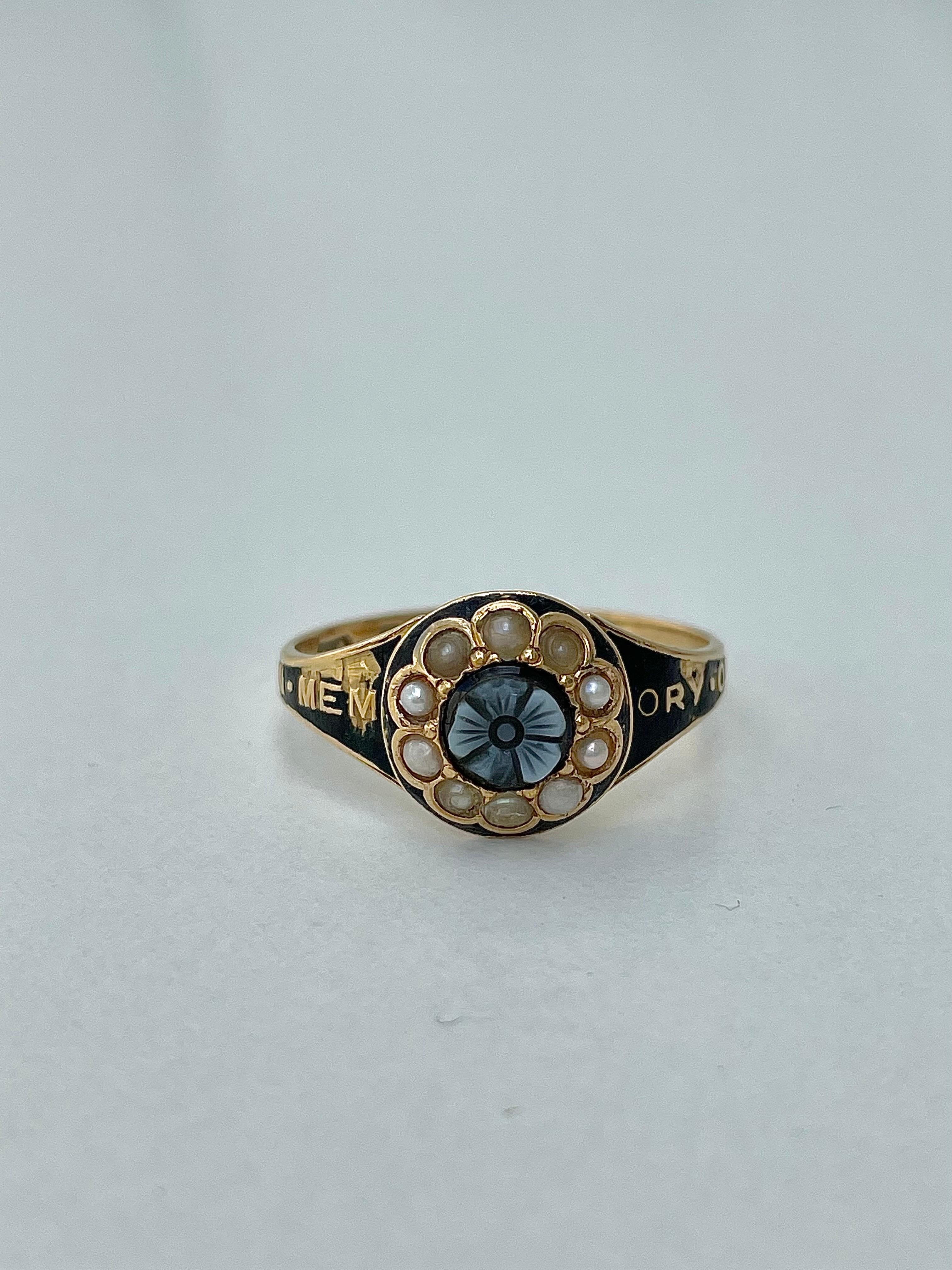 Bead Antique ‘ in memory of’ Pearl Halo Sardonyx Flower 18ct Ring 
 For Sale