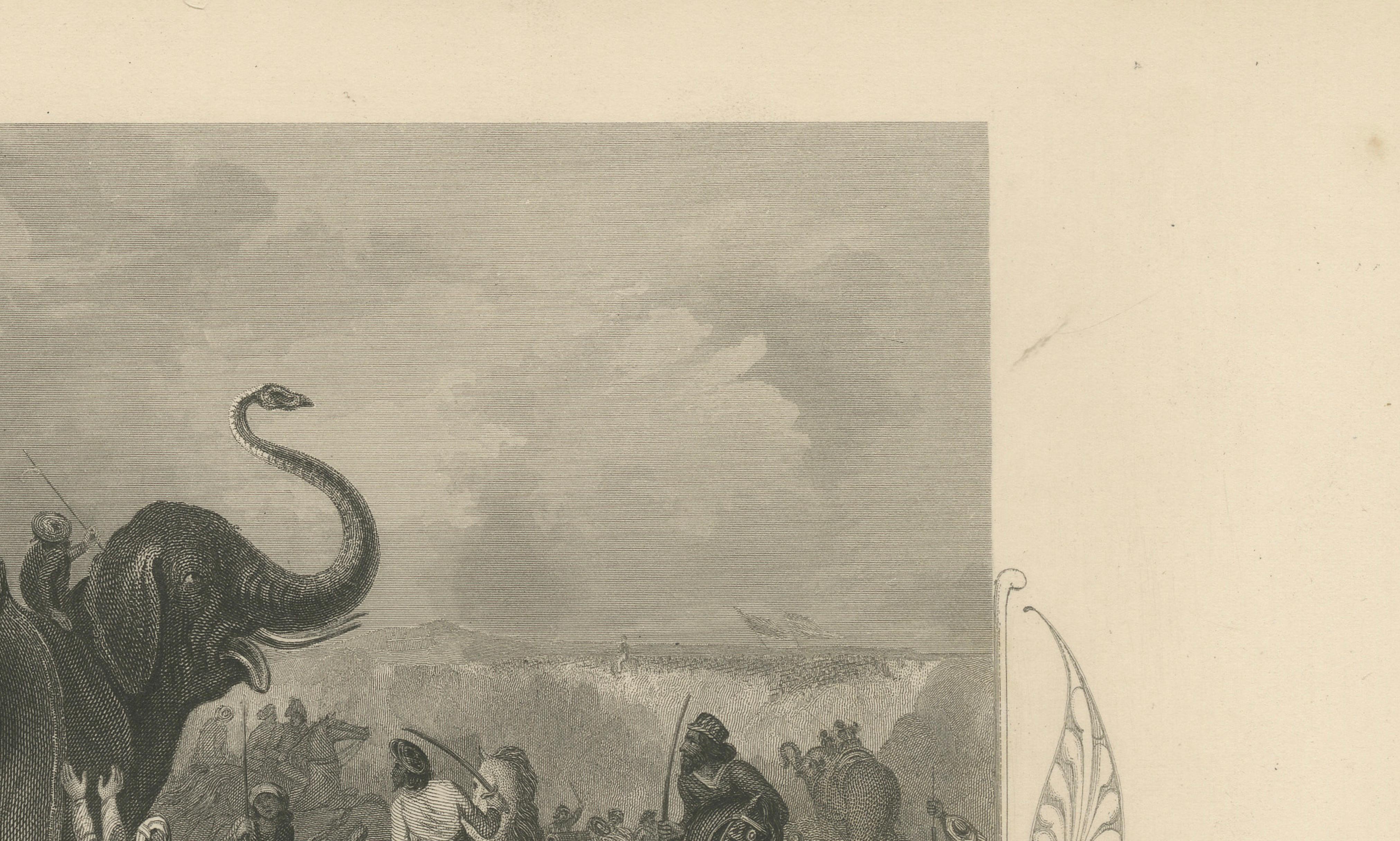 Antique India Battle Print – Siege of Mooltan 1849, Elephant War Scene