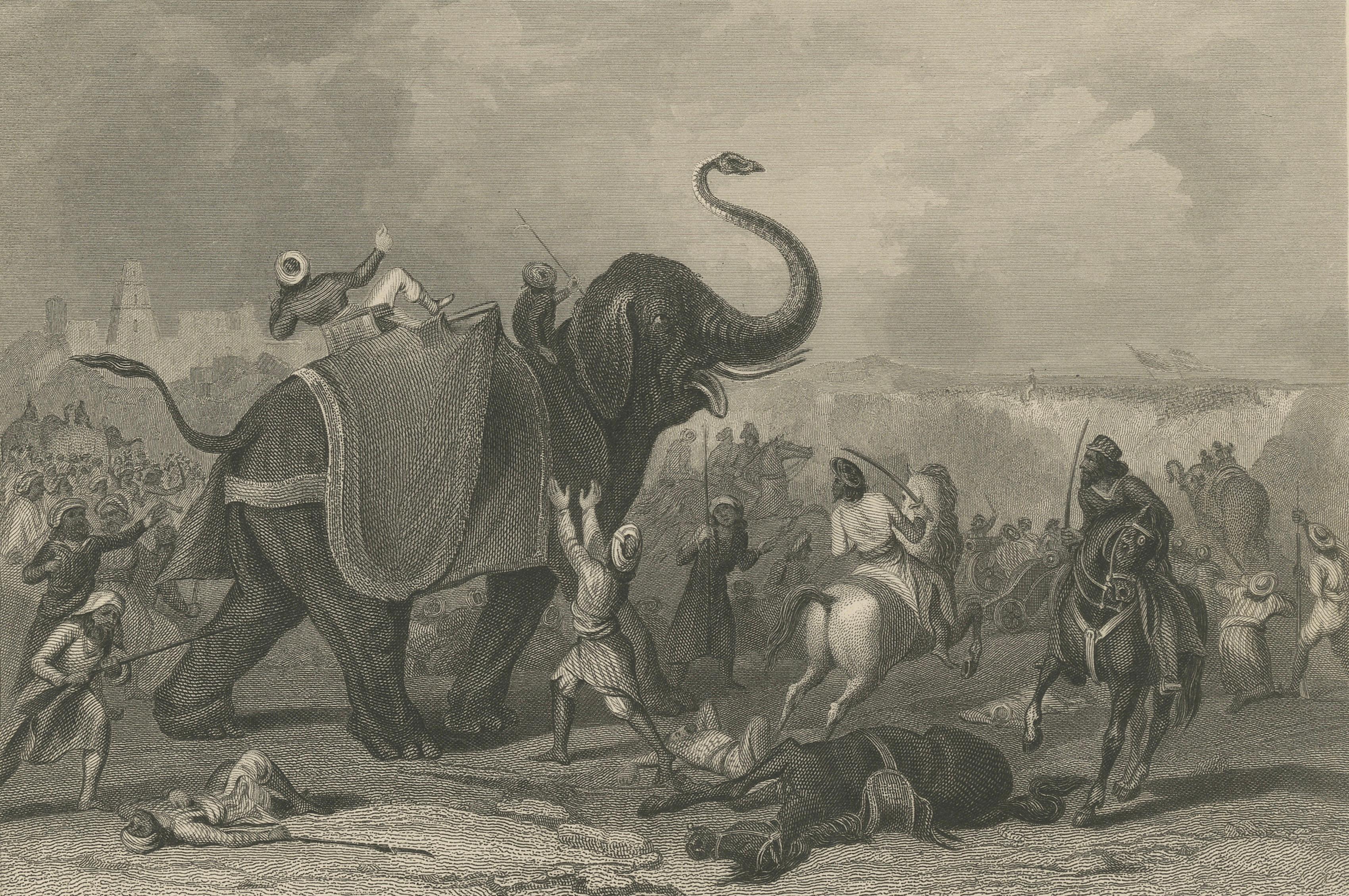 Antique India Battle Print – Siege of Mooltan 1849, Elephant War Scene