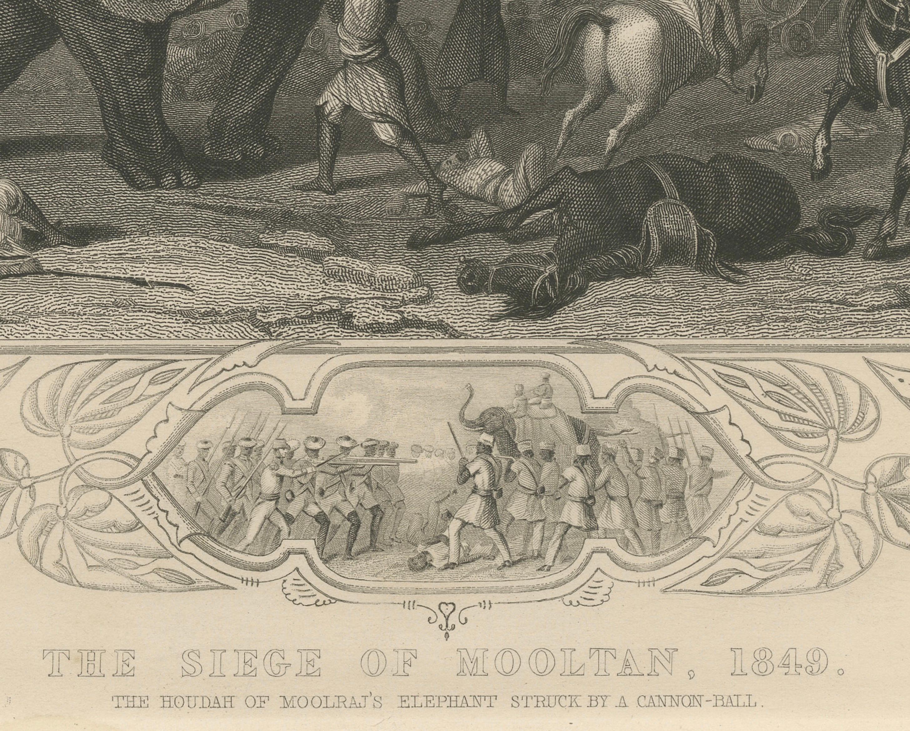Antique India Battle Print – Siege of Mooltan 1849, Elephant War Scene