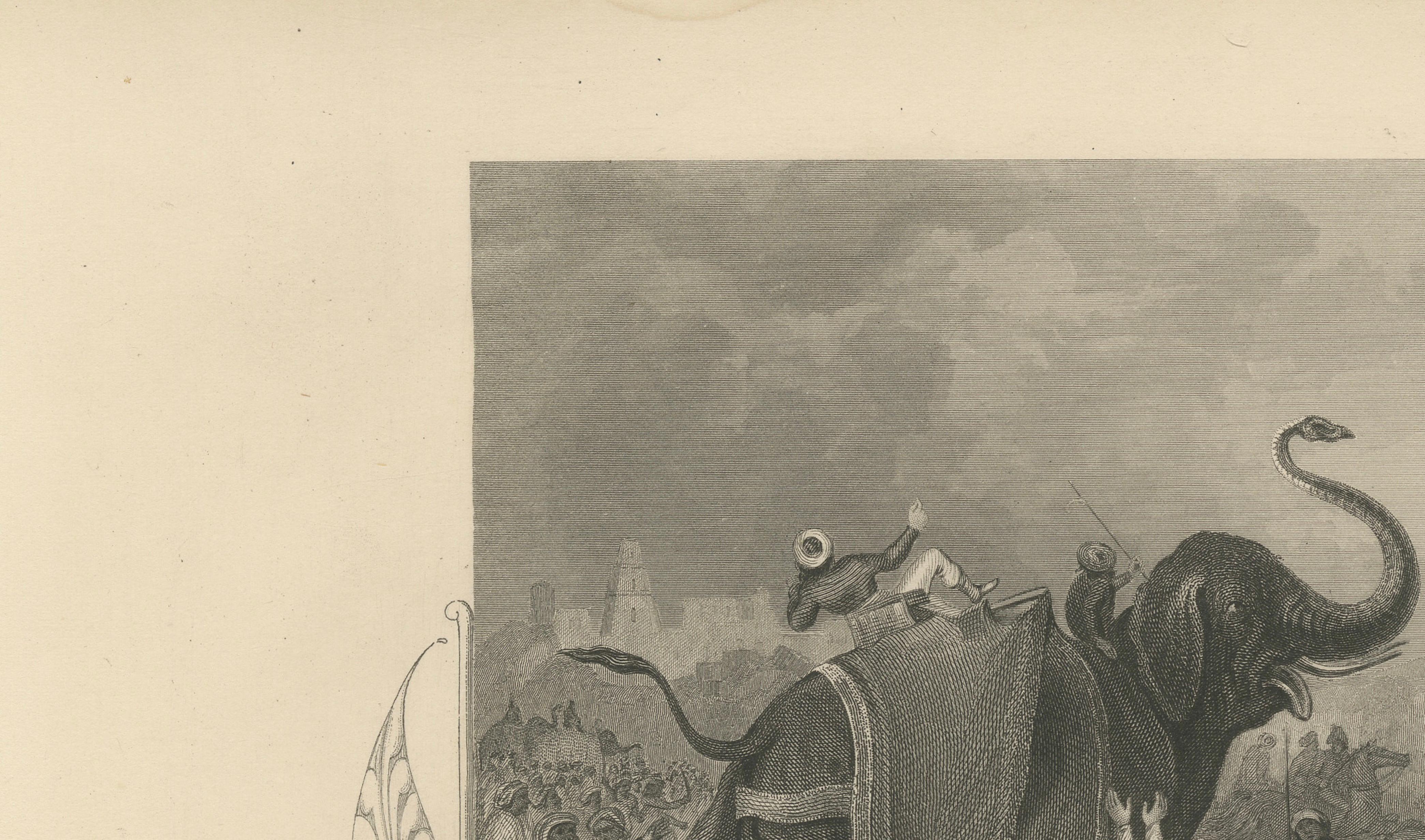 Antique India Battle Print – Siege of Mooltan 1849, Elephant War Scene