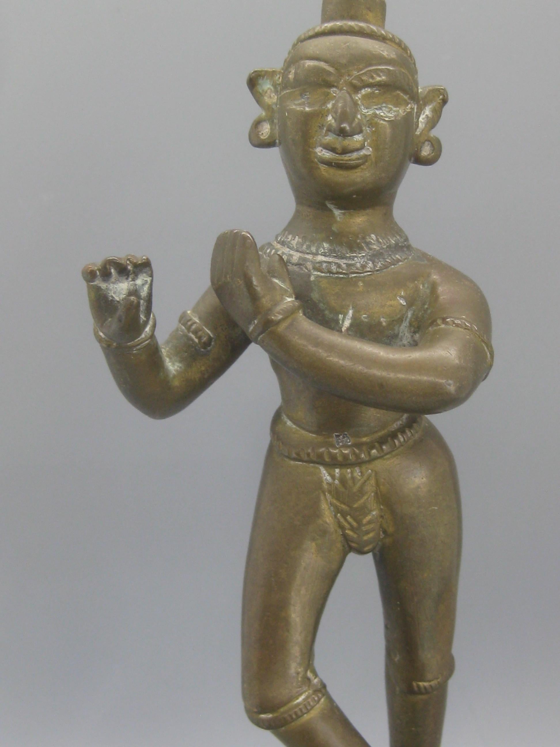 Antique India Hindu Lord Krishna Brass Standing Statue Sculpture In Good Condition For Sale In San Diego, CA