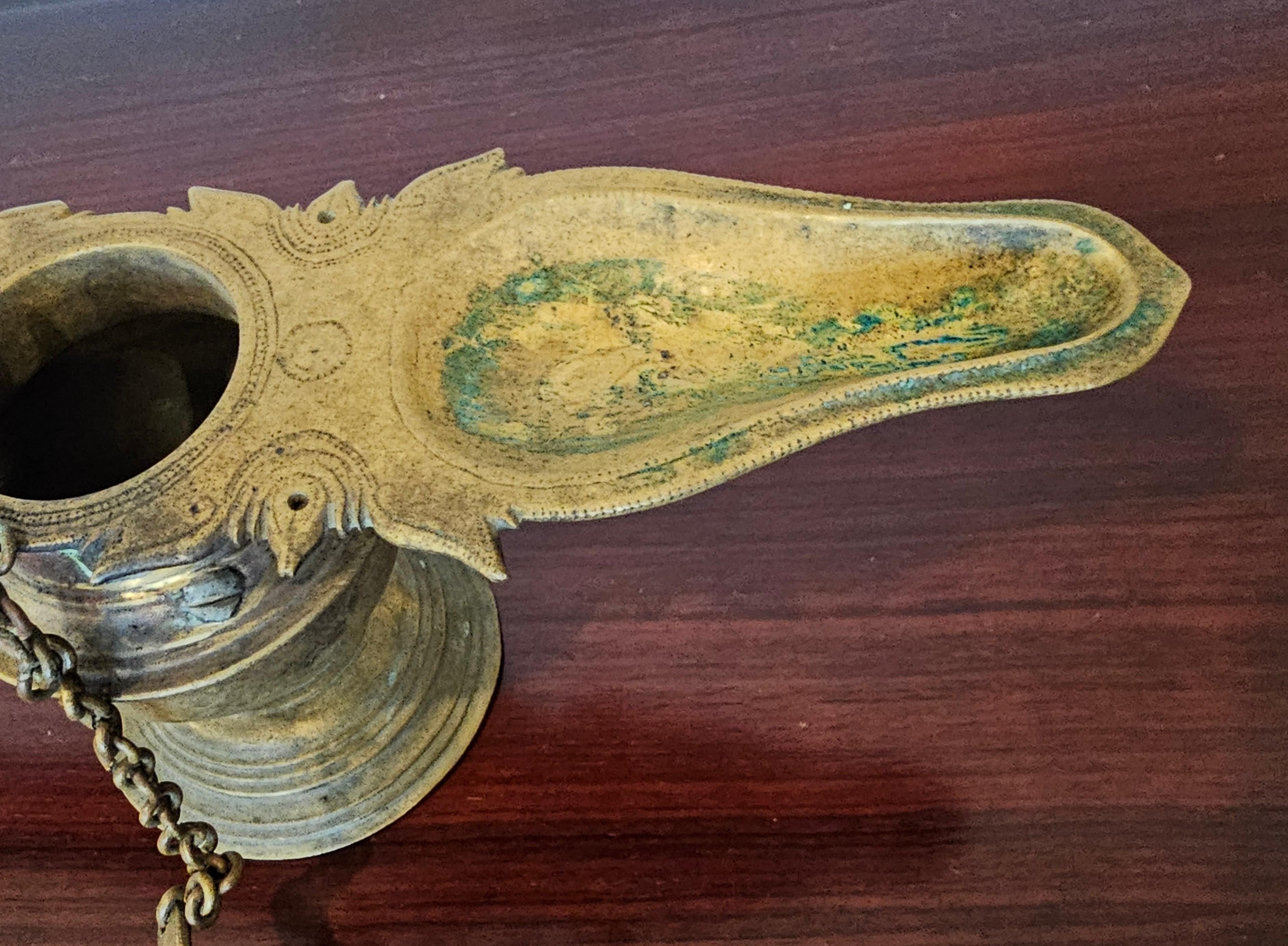 Antique India Patinated Brass Changalvetta Hindu Ritual Oil Lamp with Ladle For Sale 5