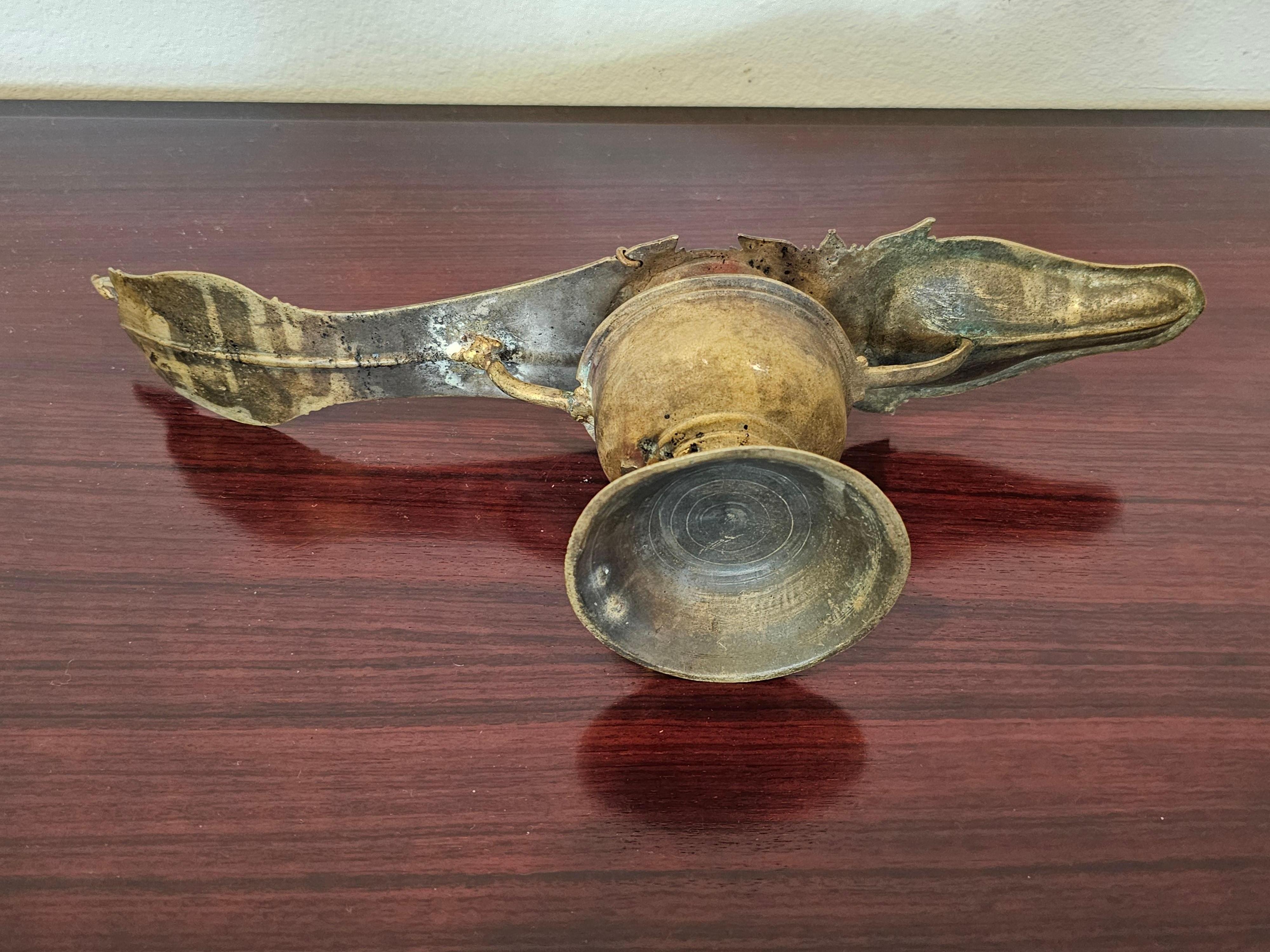 Antique India Patinated Brass Changalvetta Hindu Ritual Oil Lamp with Ladle For Sale 9