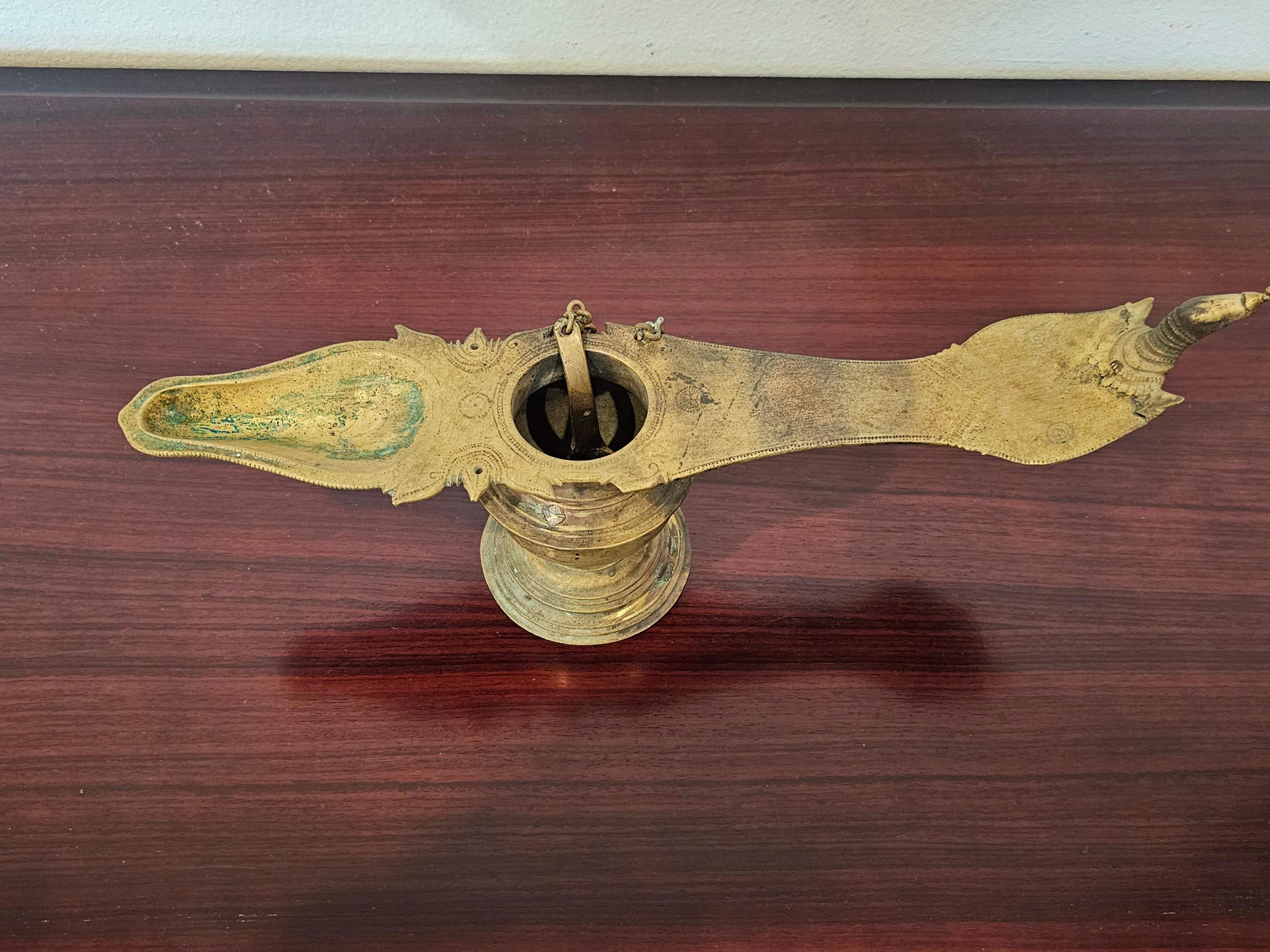 Antique India Patinated Brass Changalvetta Hindu Ritual Oil Lamp with Ladle For Sale 2