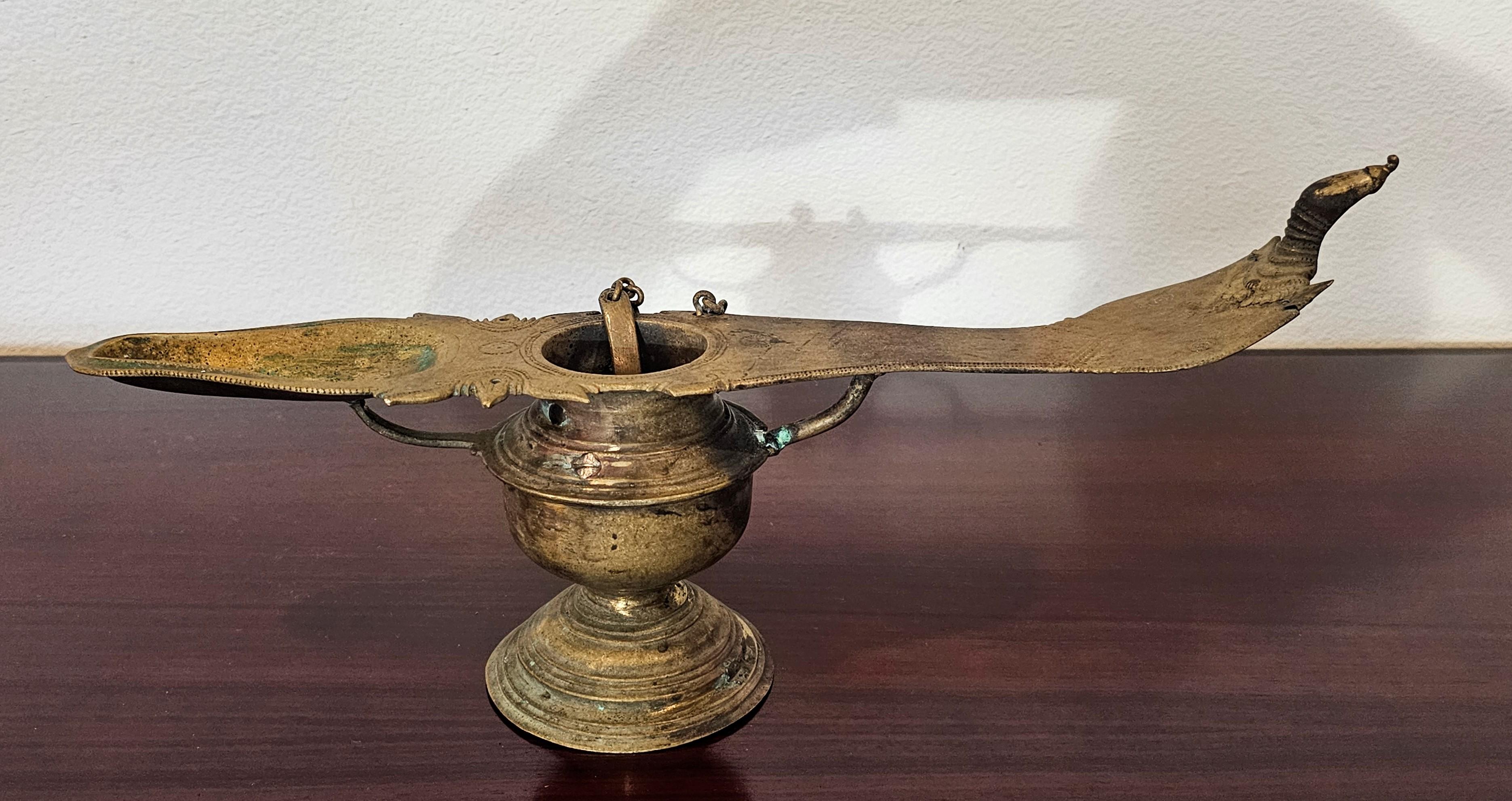 Antique India Patinated Brass Changalvetta Hindu Ritual Oil Lamp with Ladle For Sale 3