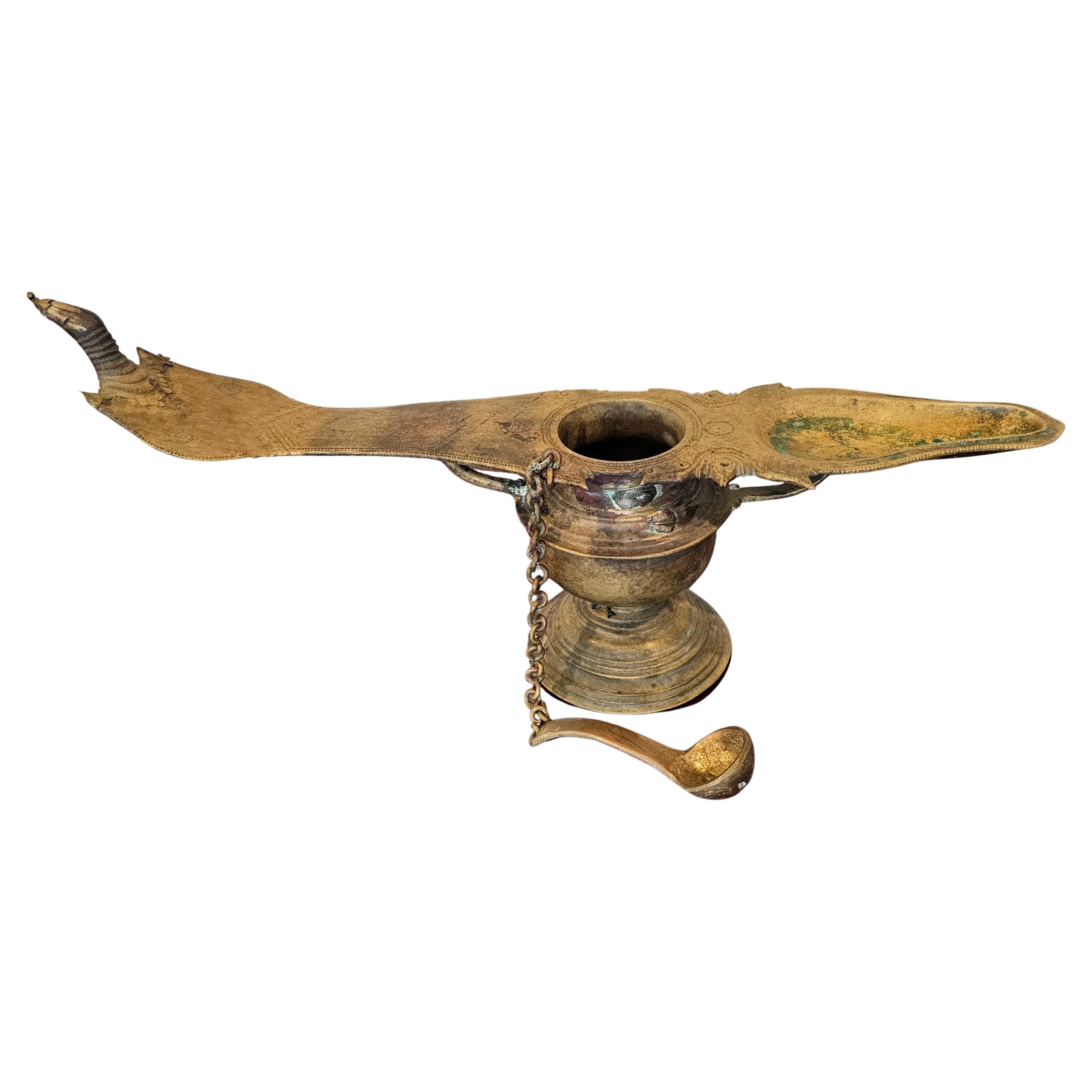 Antique India Patinated Brass Changalvetta Hindu Ritual Oil Lamp with Ladle