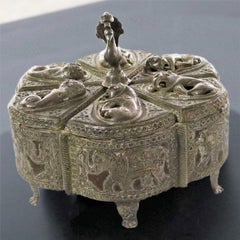 Antique India Pierced Silver Overlay Spice Box with Six Compartments
