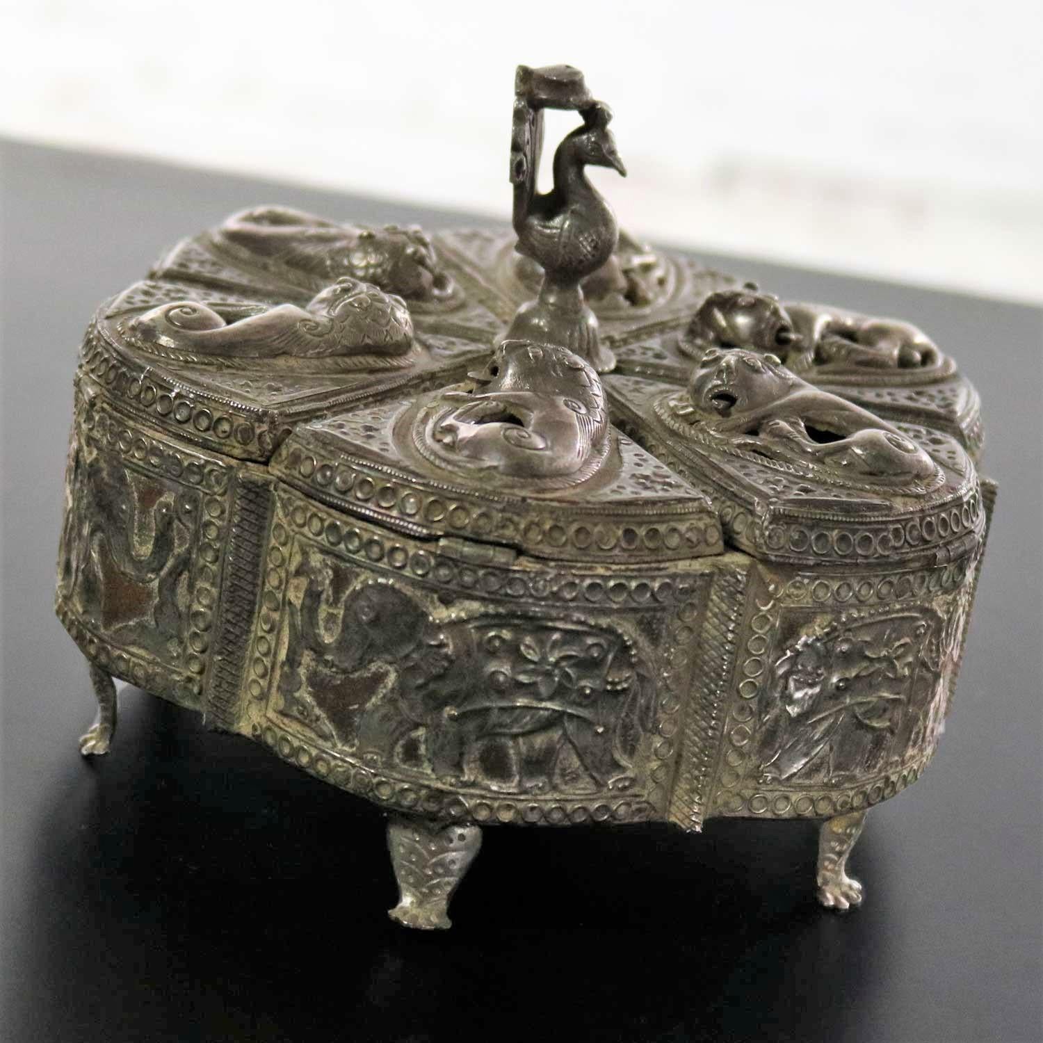 Antique India Pierced Silver Overlay Spice Box with Six Compartments In Good Condition In Topeka, KS