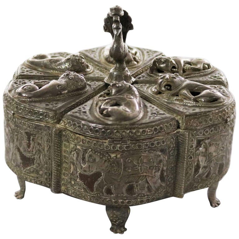 Antique India Pierced Silver Overlay Spice Box with Six Compartments at