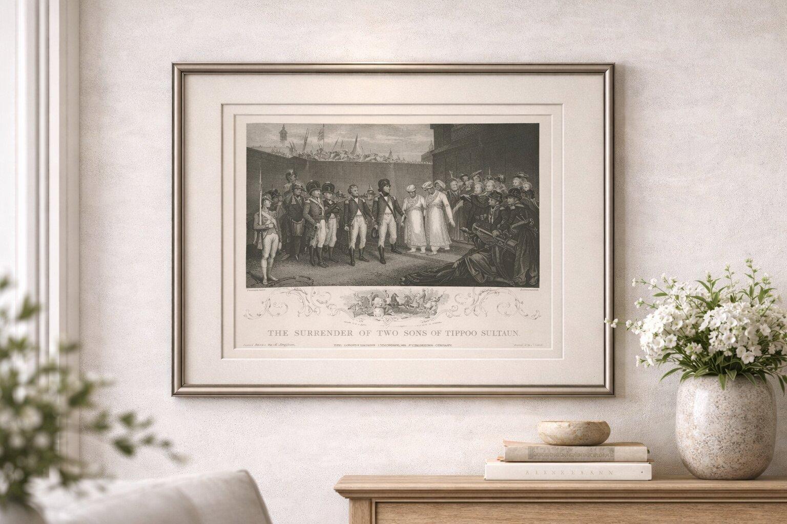 Antique India Print – Tipu Sultan Sons Surrender, Mysore War, c.1850