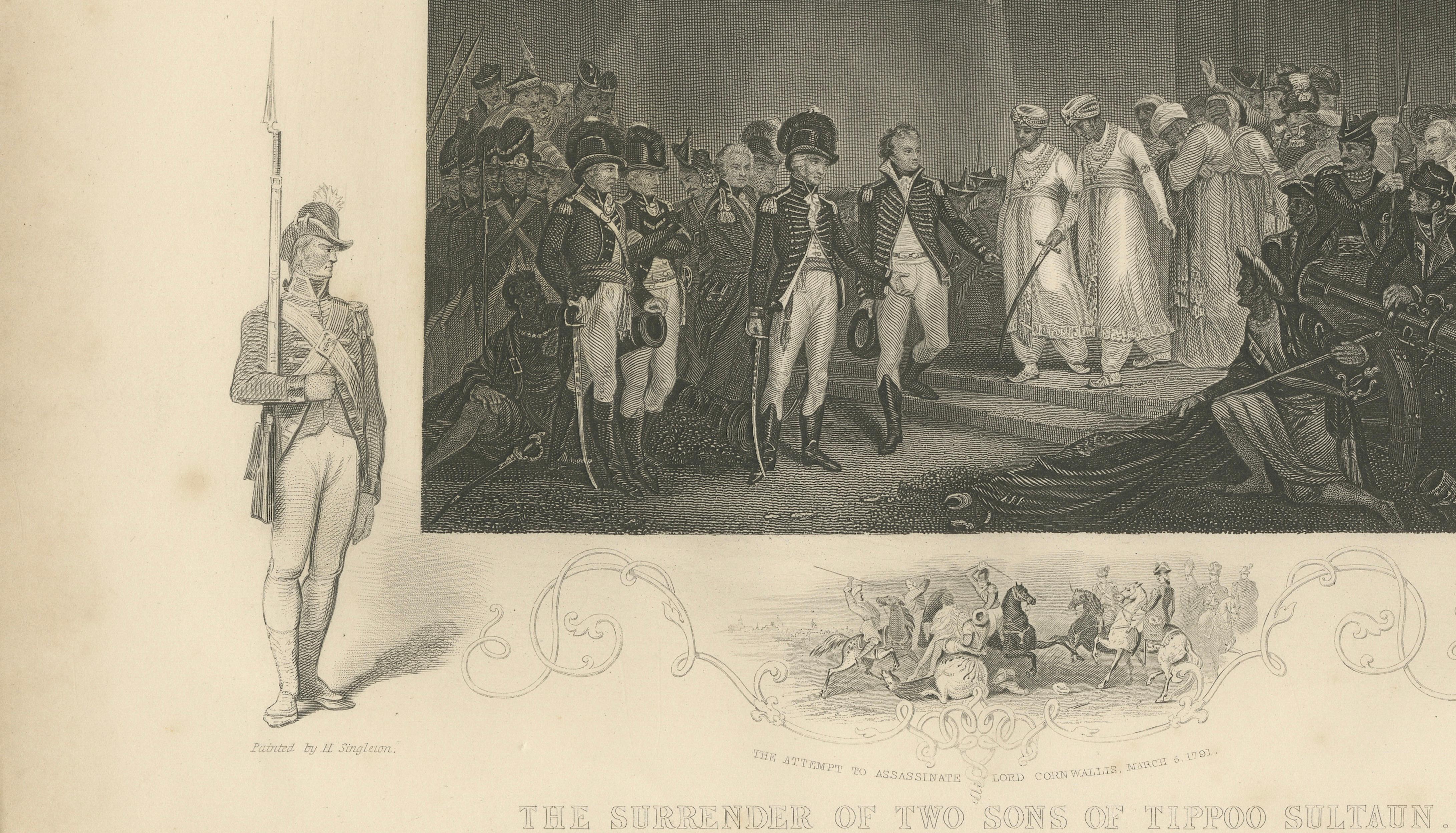 Antique India Print – Tipu Sultan Sons Surrender, Mysore War, c.1850