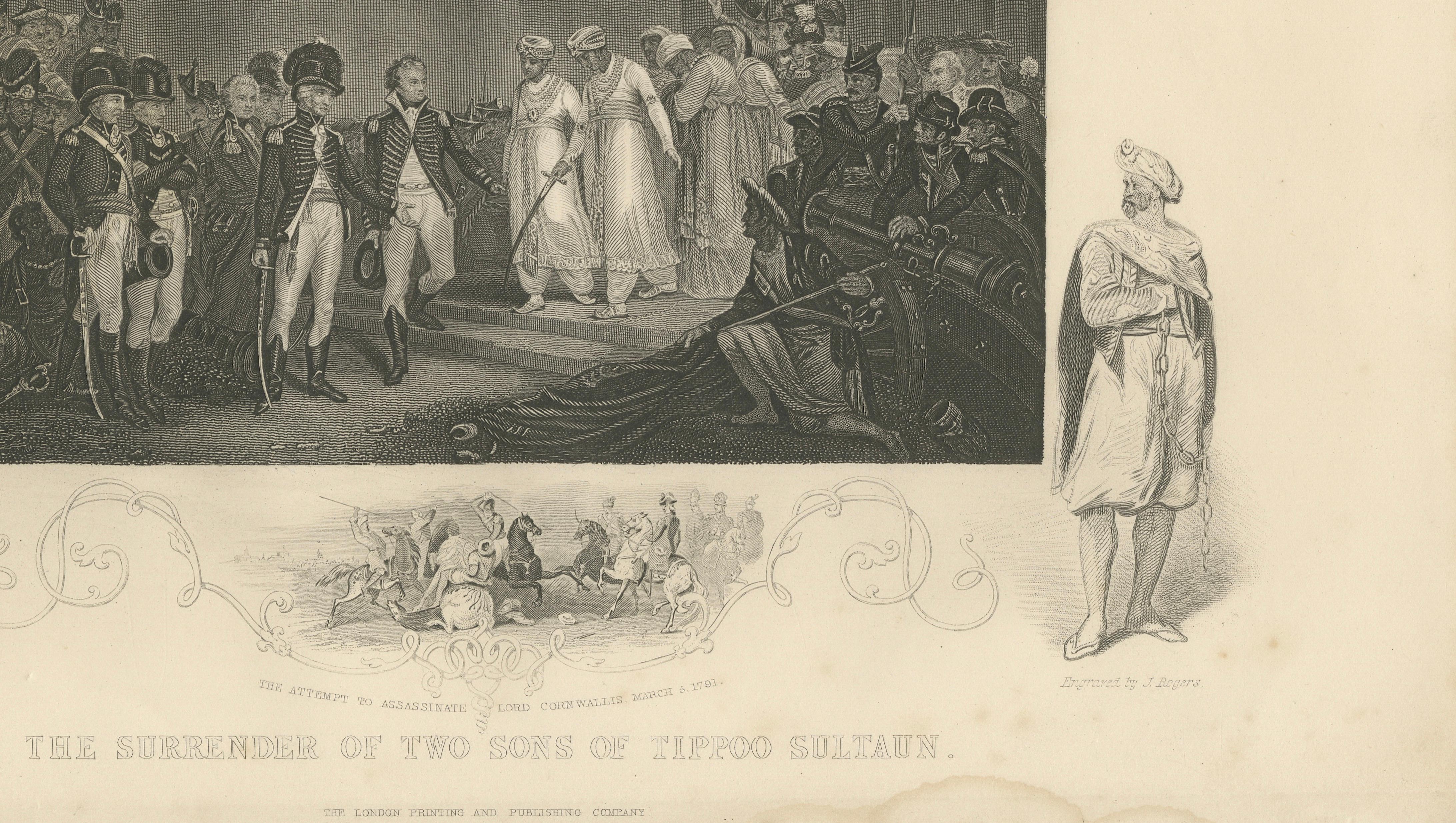 Antique India Print – Tipu Sultan Sons Surrender, Mysore War, c.1850