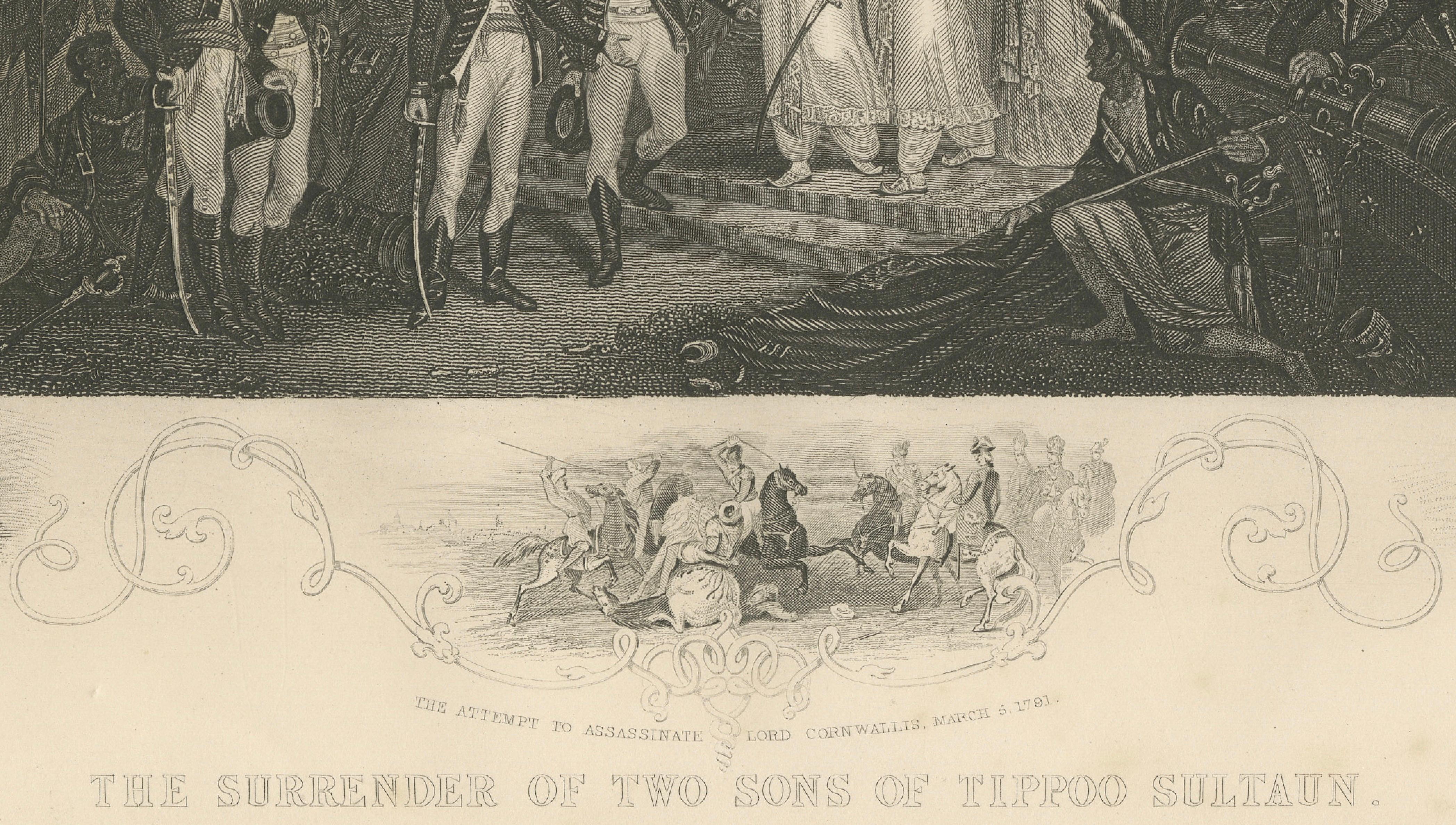 Antique India Print – Tipu Sultan Sons Surrender, Mysore War, c.1850