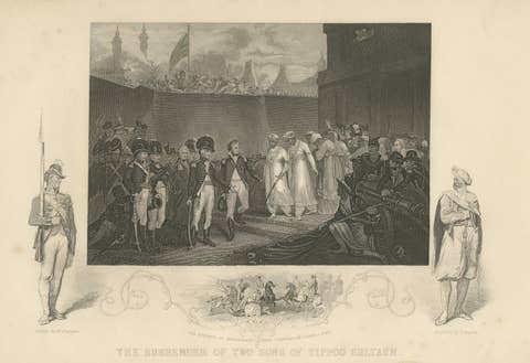 Antique India Print – Tipu Sultan Sons Surrender, Mysore War, c.1850