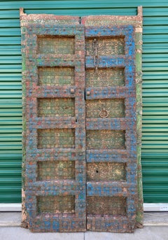 Antique India Temple Architectural Salvage Teak Wood Metal Painted Door Pair