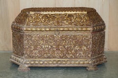 Antique Indian 18th Century Hand Carved & Painted Coffer Linen Trunk or Chest