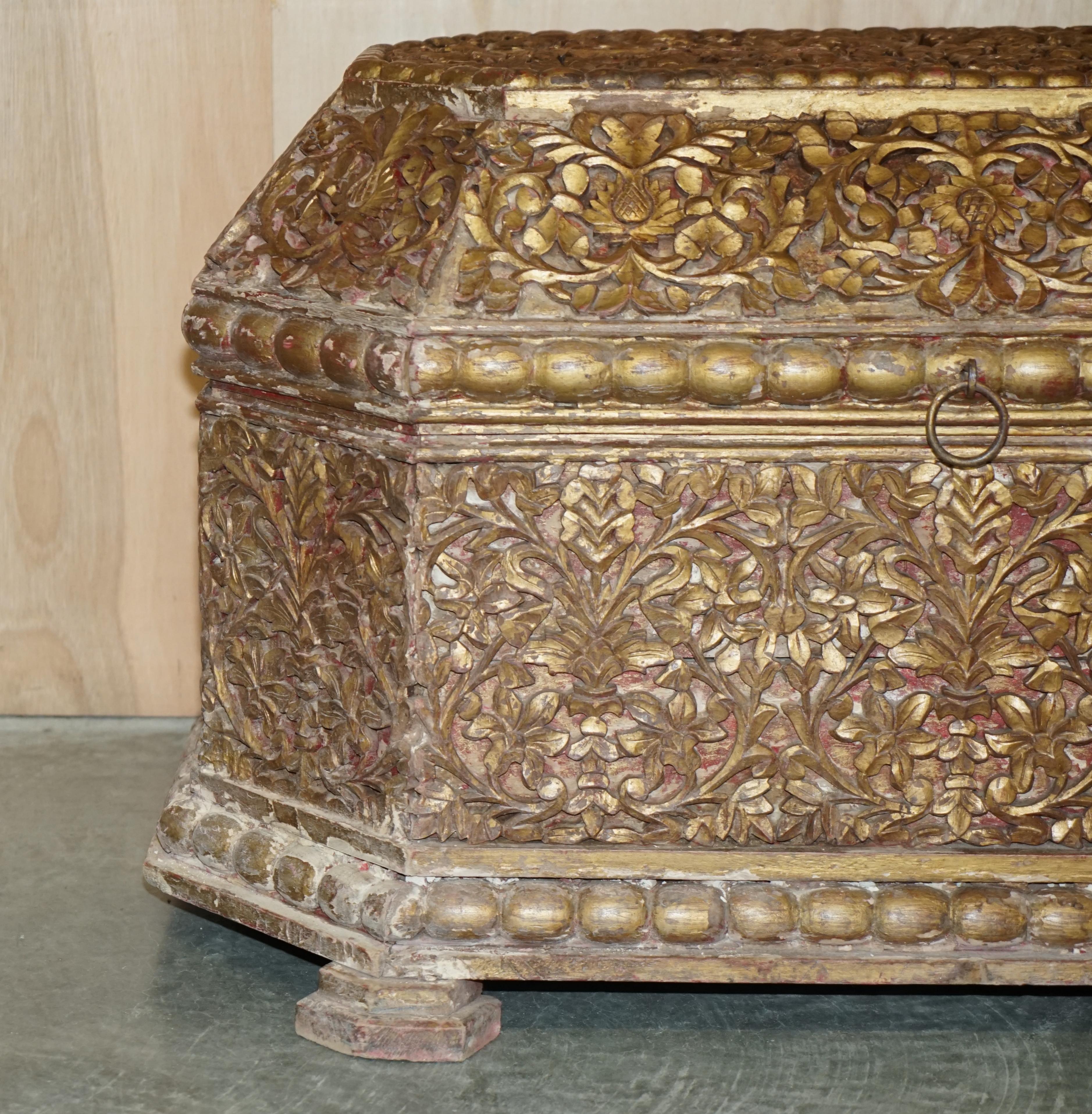 George III Antique Indian 18th Century Hand Carved & Painted Coffer Linen Trunk or Chest For Sale