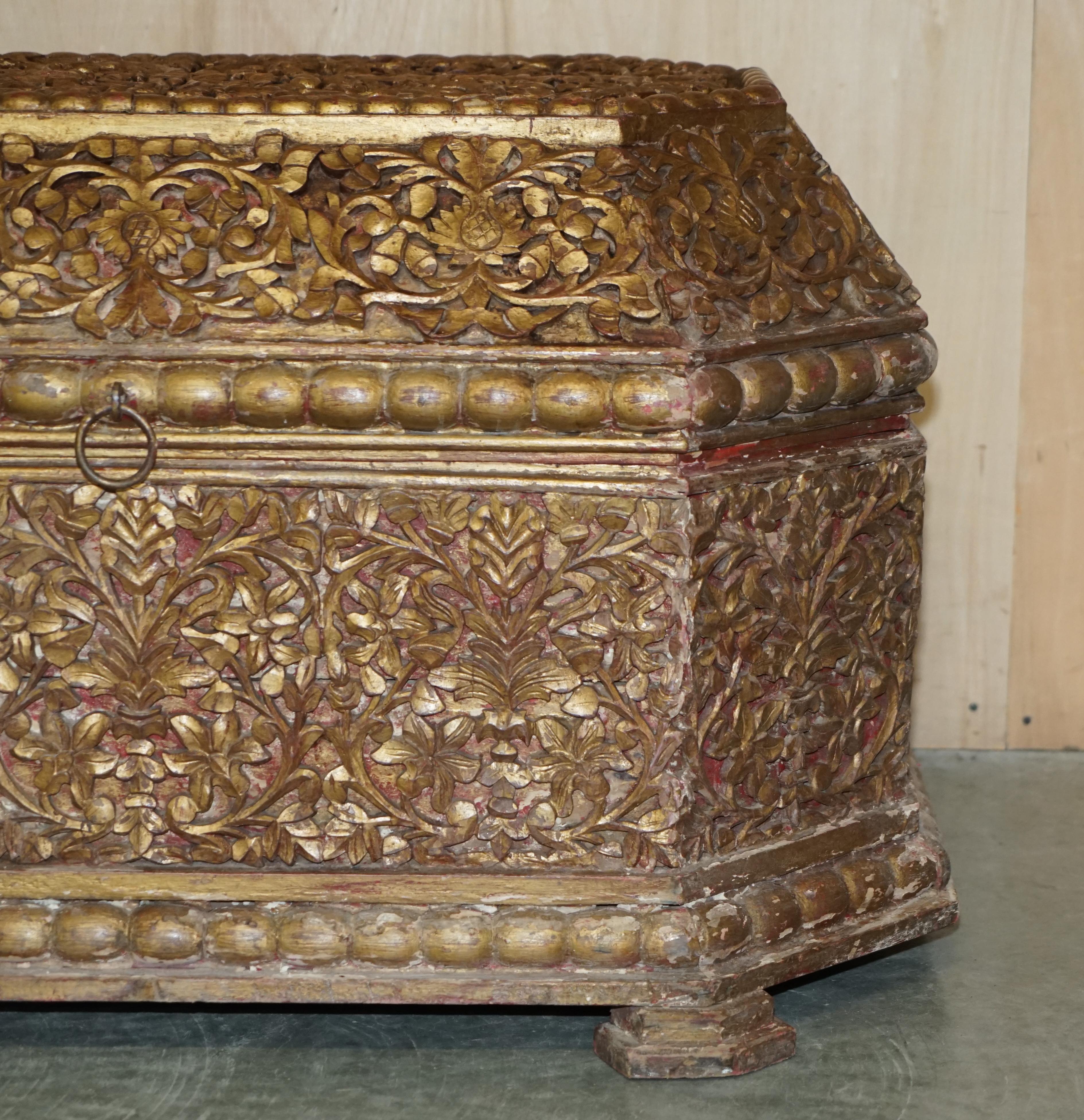Hand-Crafted Antique Indian 18th Century Hand Carved & Painted Coffer Linen Trunk or Chest For Sale