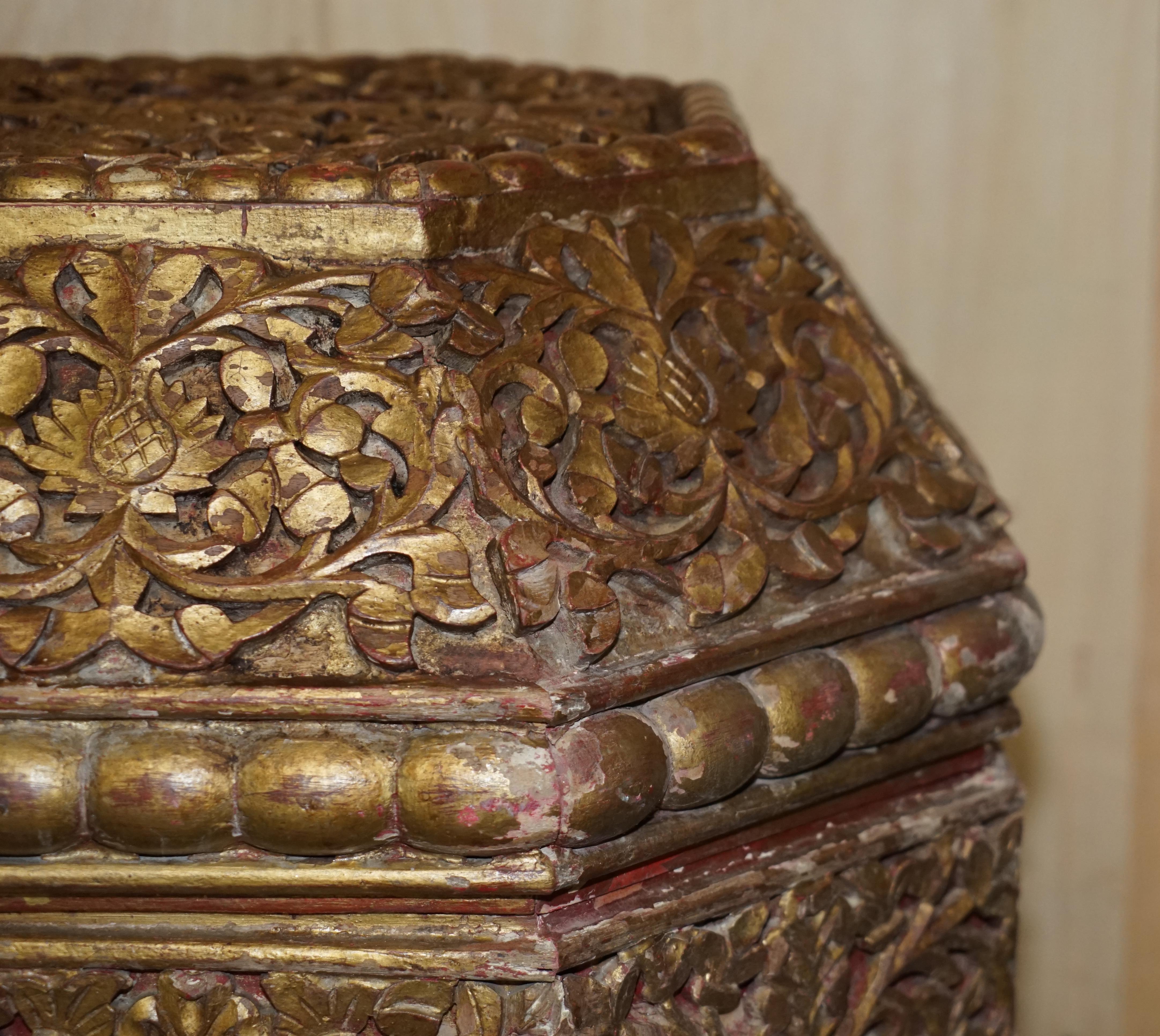 Antique Indian 18th Century Hand Carved & Painted Coffer Linen Trunk or Chest For Sale 1