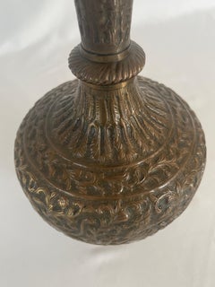 Antique Indian 19th C. Tall Brass Floor Vase Engraved With Forest Animal Scenes