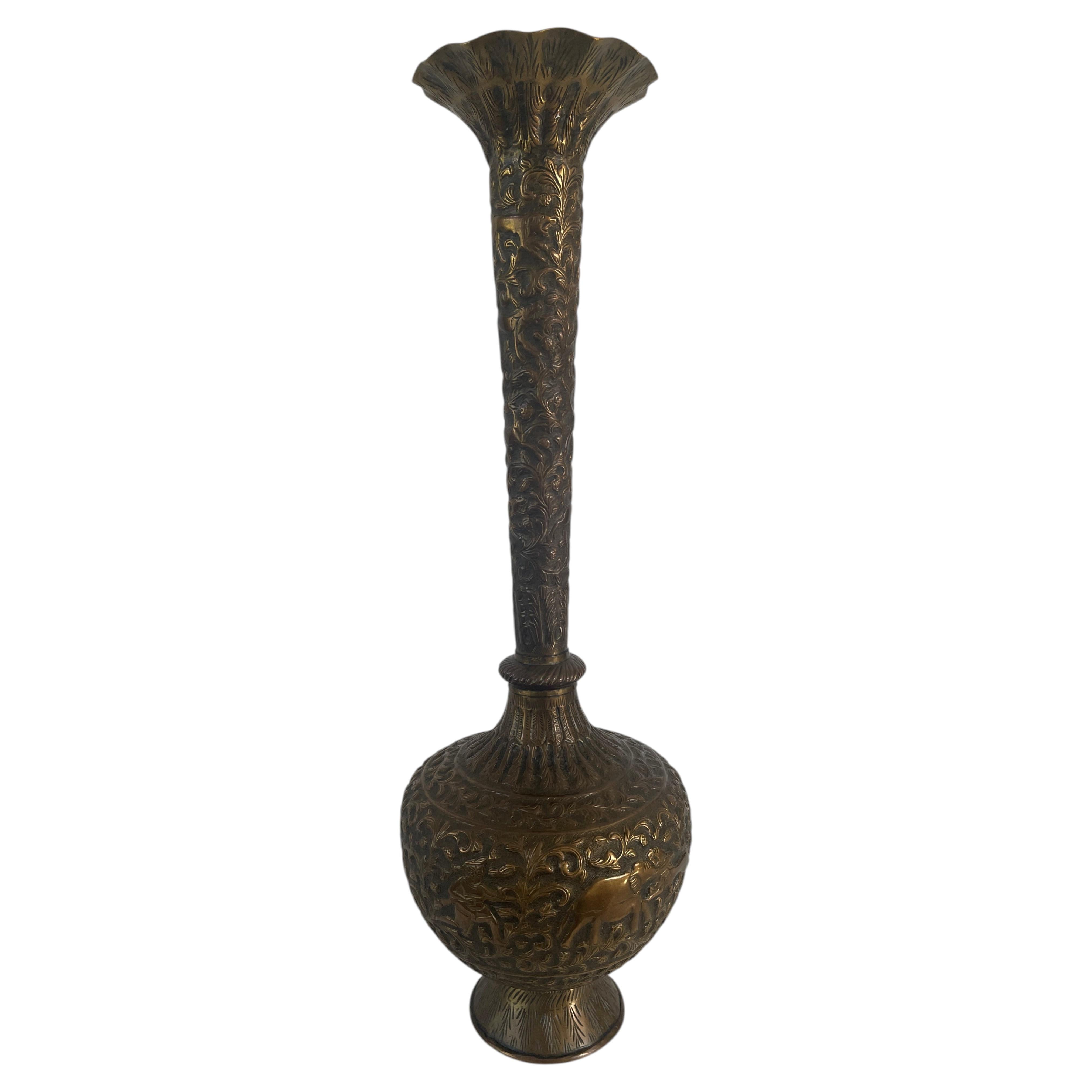 Antique Indian 19th C. Tall Brass Floor Vase Engraved With Forest Animal Scenes For Sale