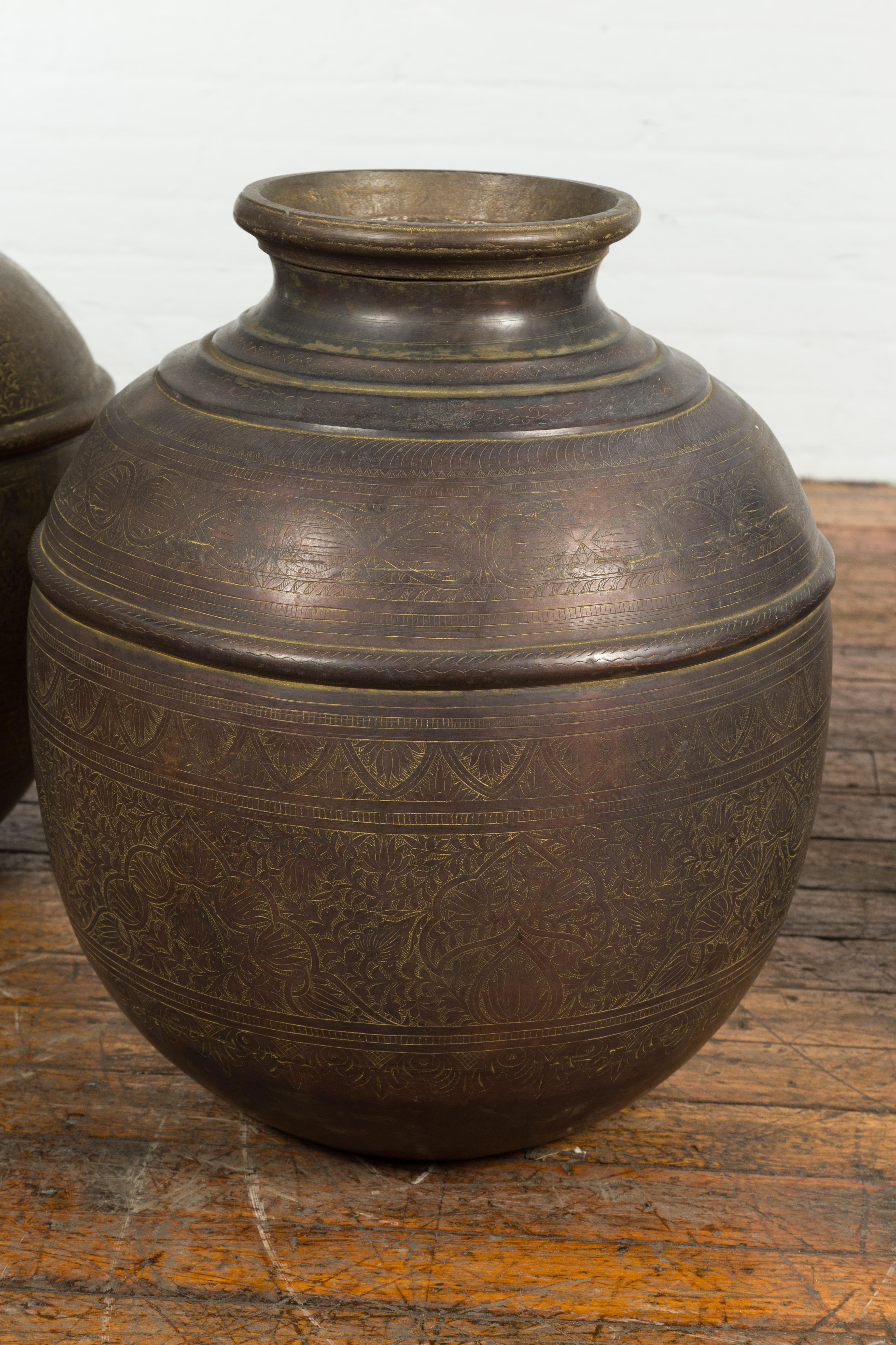 Antique Indian 19th Century Brass Water Vessels with Foliage Décor, Sold Each For Sale 9