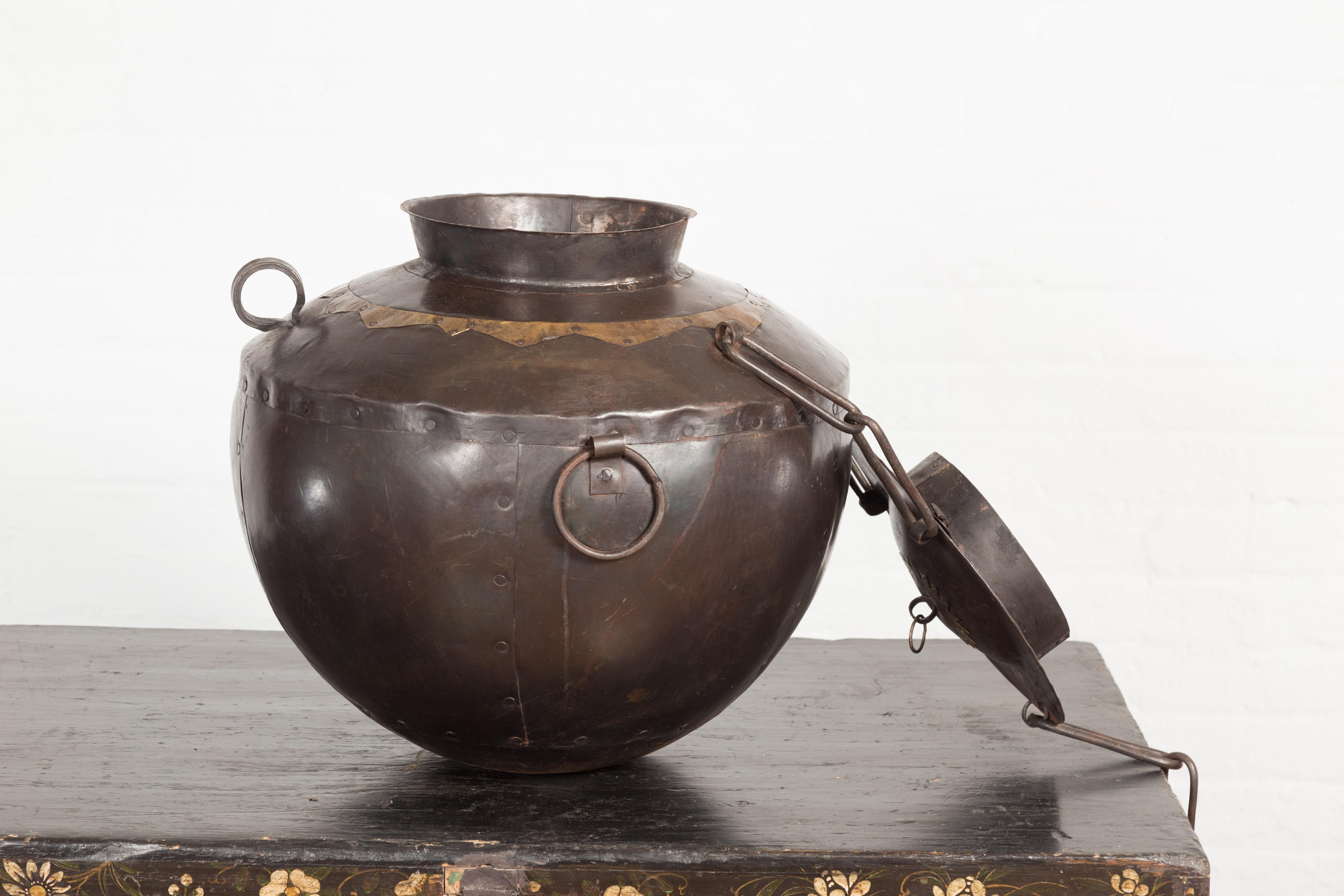 Antique Indian 19th Century Iron Lidded Water Vessel with Brass Accents For Sale 6
