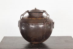 Antique Indian 19th Century Iron Lidded Water Vessel with Brass Accents