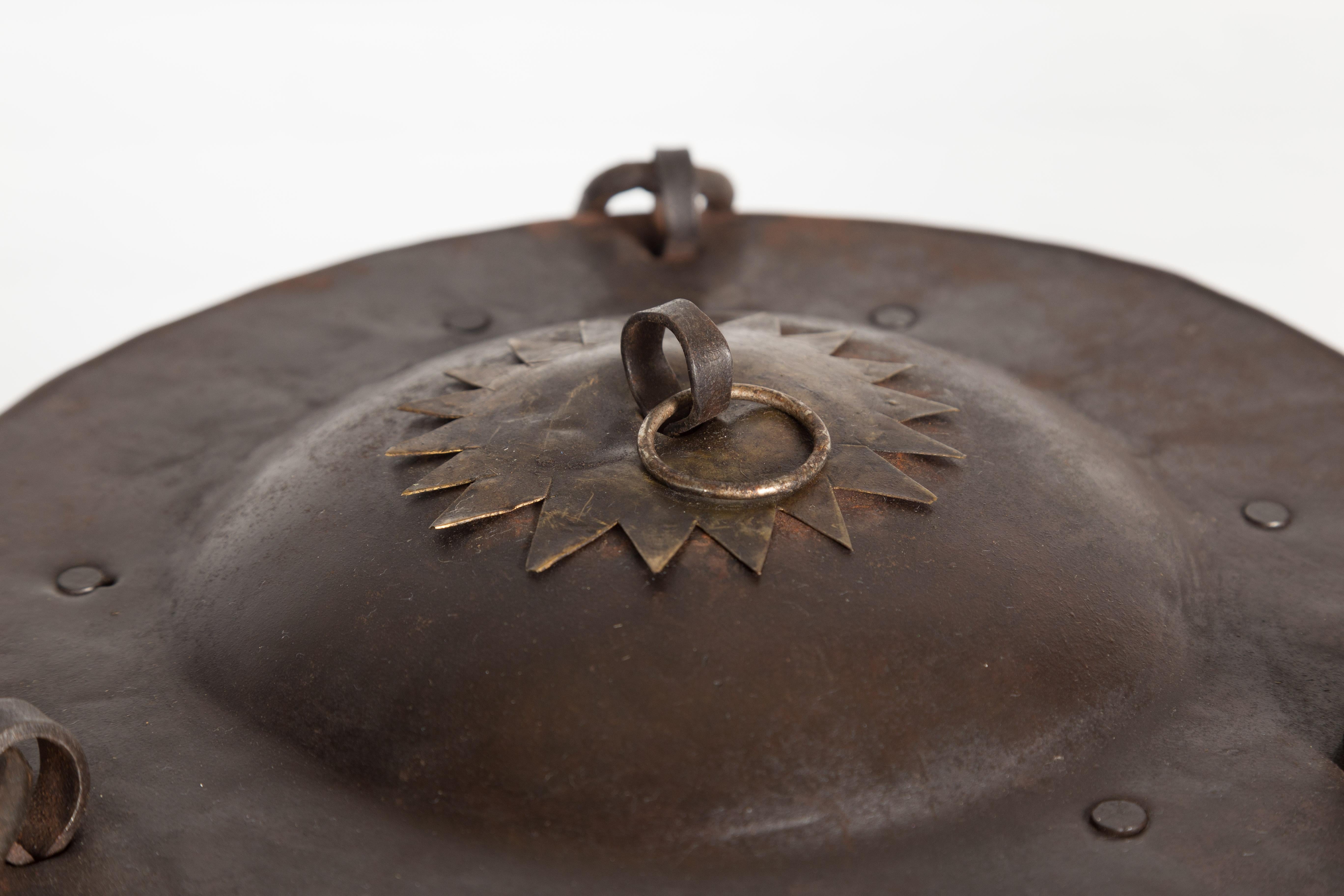 Antique Indian 19th Century Iron Lidded Water Vessel with Brass Accents In Good Condition For Sale In Yonkers, NY