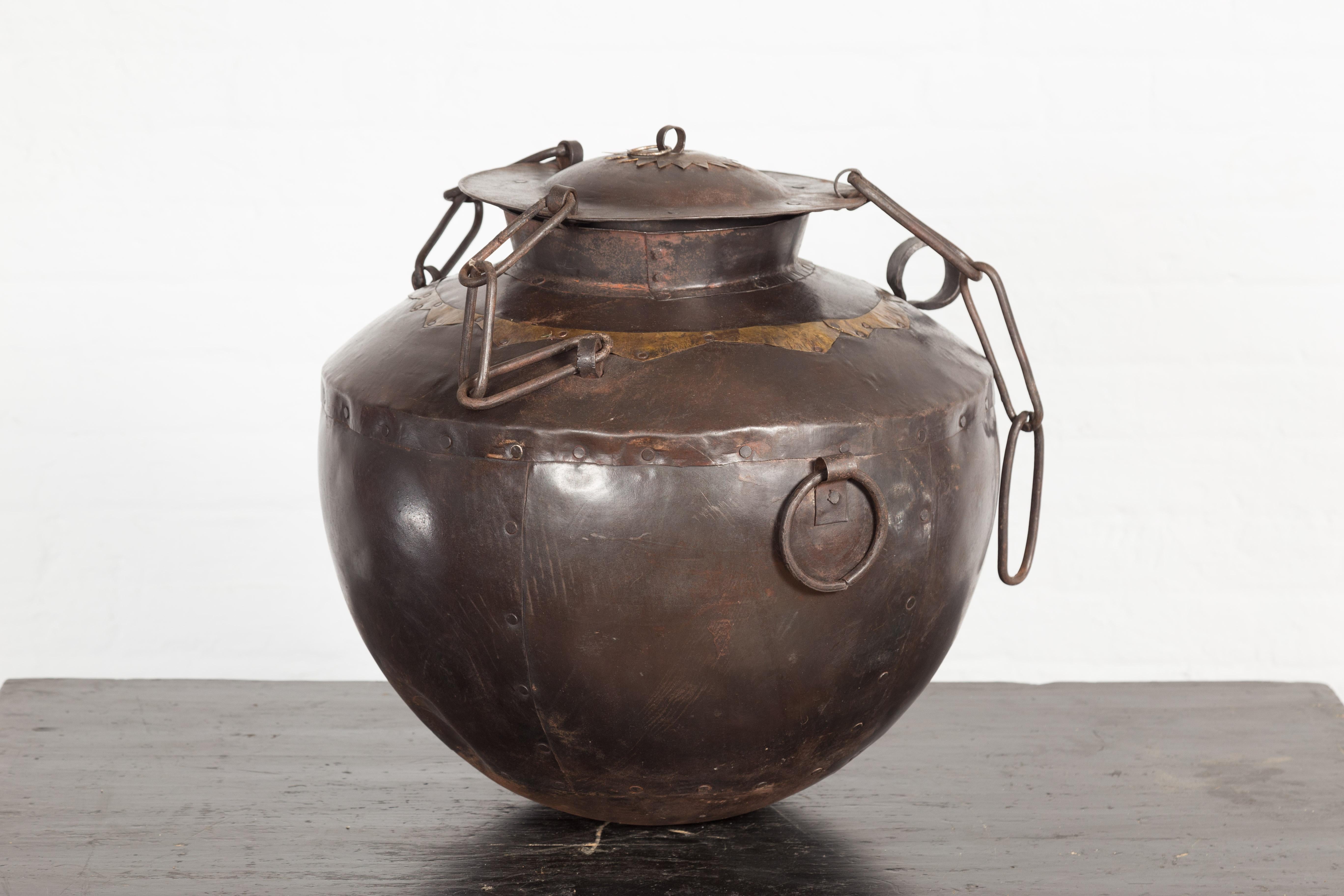 Antique Indian 19th Century Iron Lidded Water Vessel with Brass Accents For Sale 3
