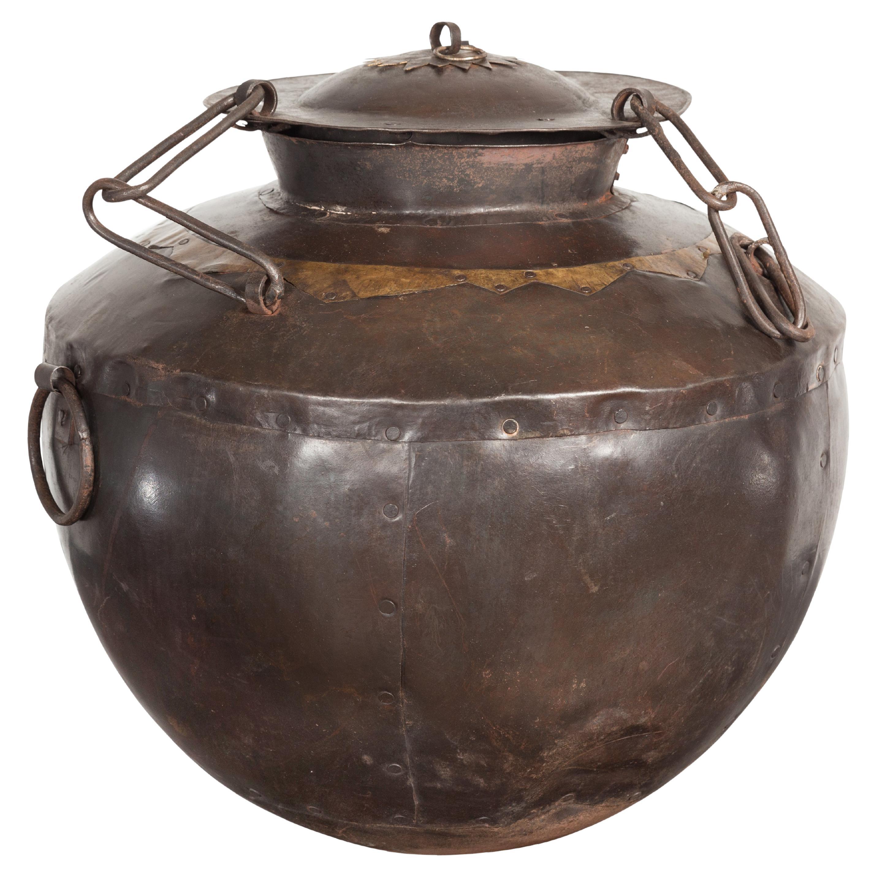 Antique Indian 19th Century Iron Lidded Water Vessel with Brass Accents For Sale