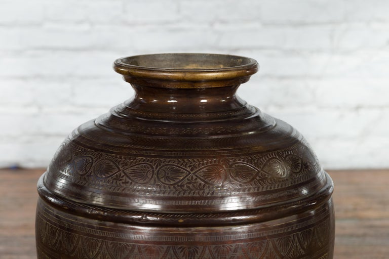 Antique Indian 19th Century Metal Water Jug with Etched Foliage Décor