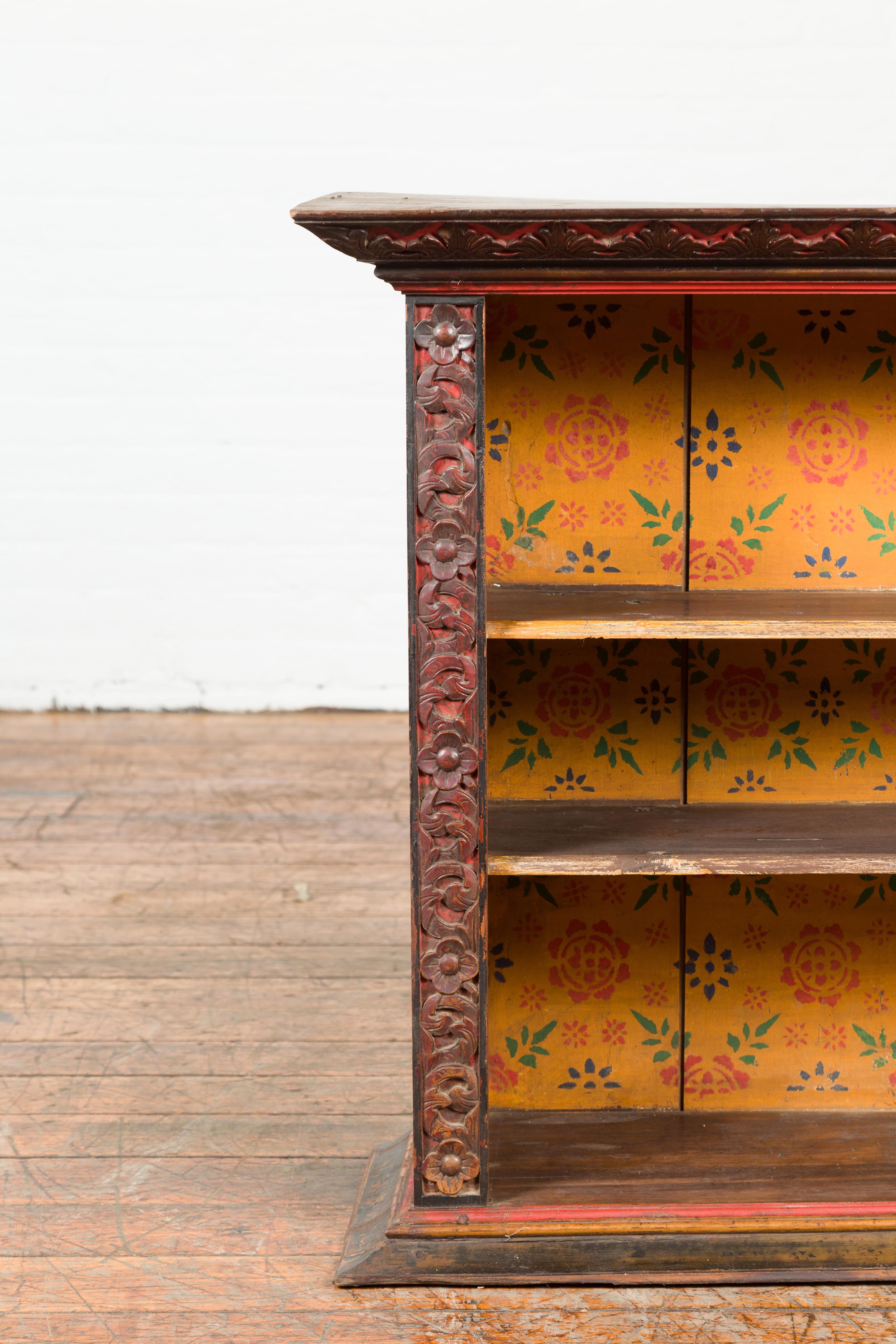 Antique Indian 19th Century Wall Display Cabinet with Carved Floral Motifs In Good Condition For Sale In Yonkers, NY