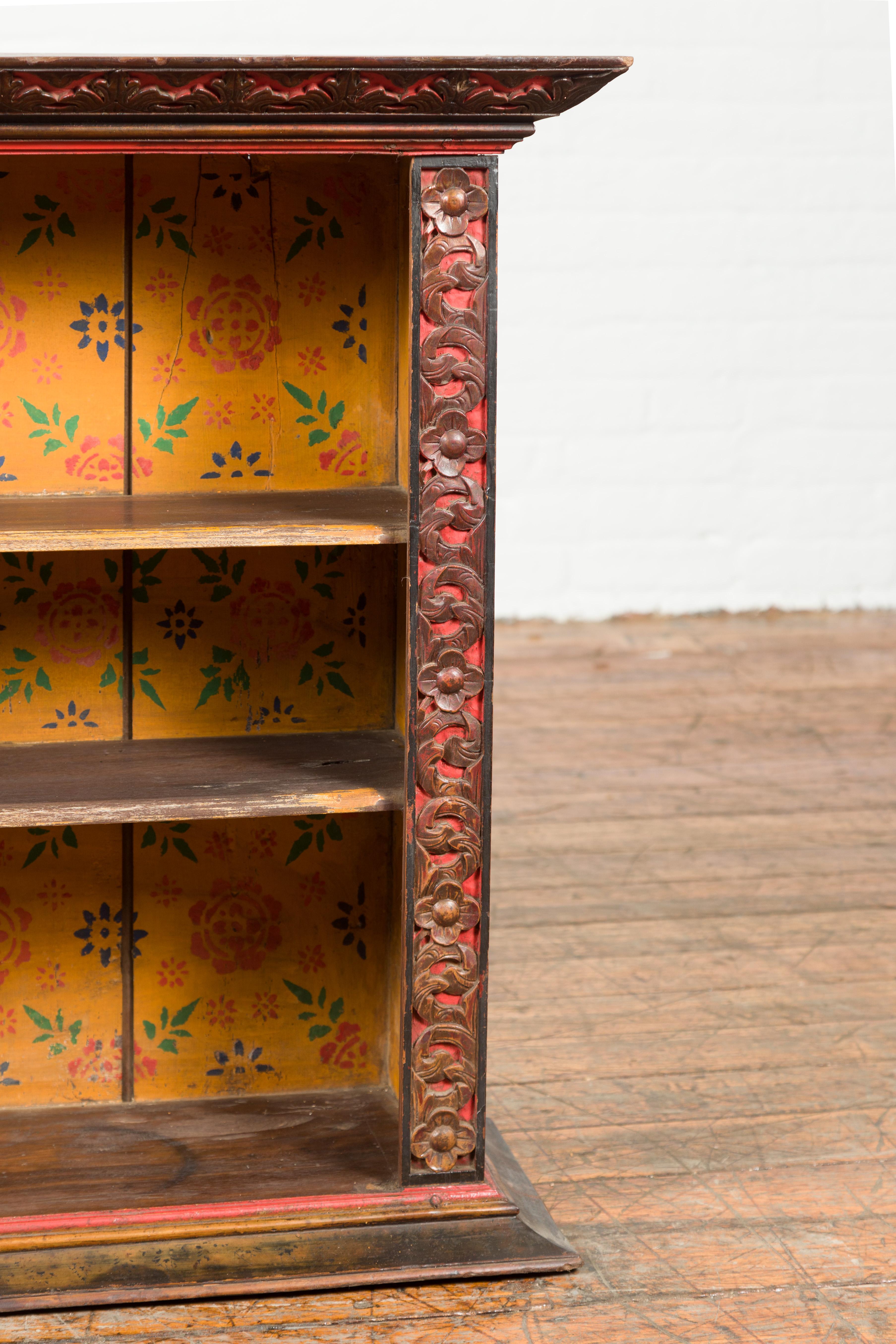 Wood Antique Indian 19th Century Wall Display Cabinet with Carved Floral Motifs For Sale