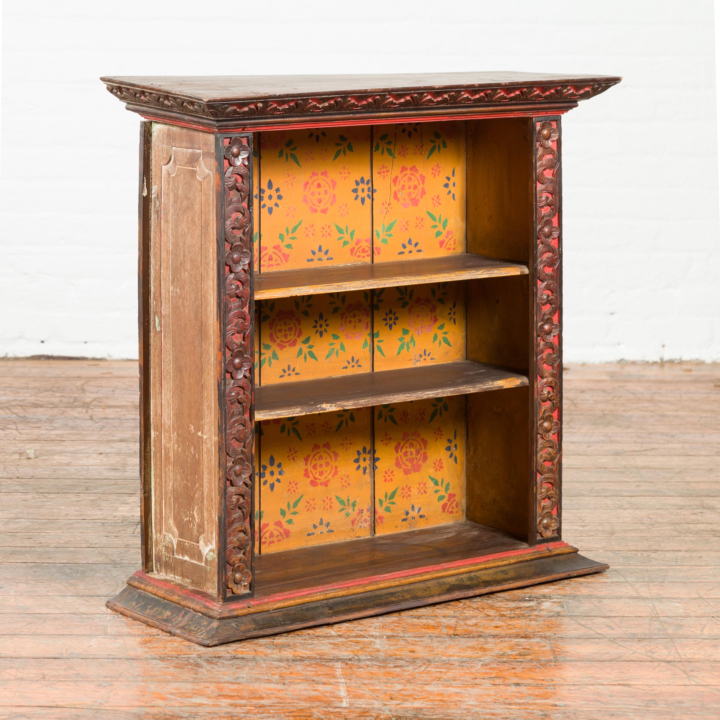 Antique Indian 19th Century Wall Display Cabinet with Carved Floral Motifs For Sale 2