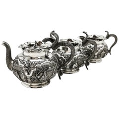 Antique Indian 3-Piece Silver Tea Set circa 1890 Cobra Handle