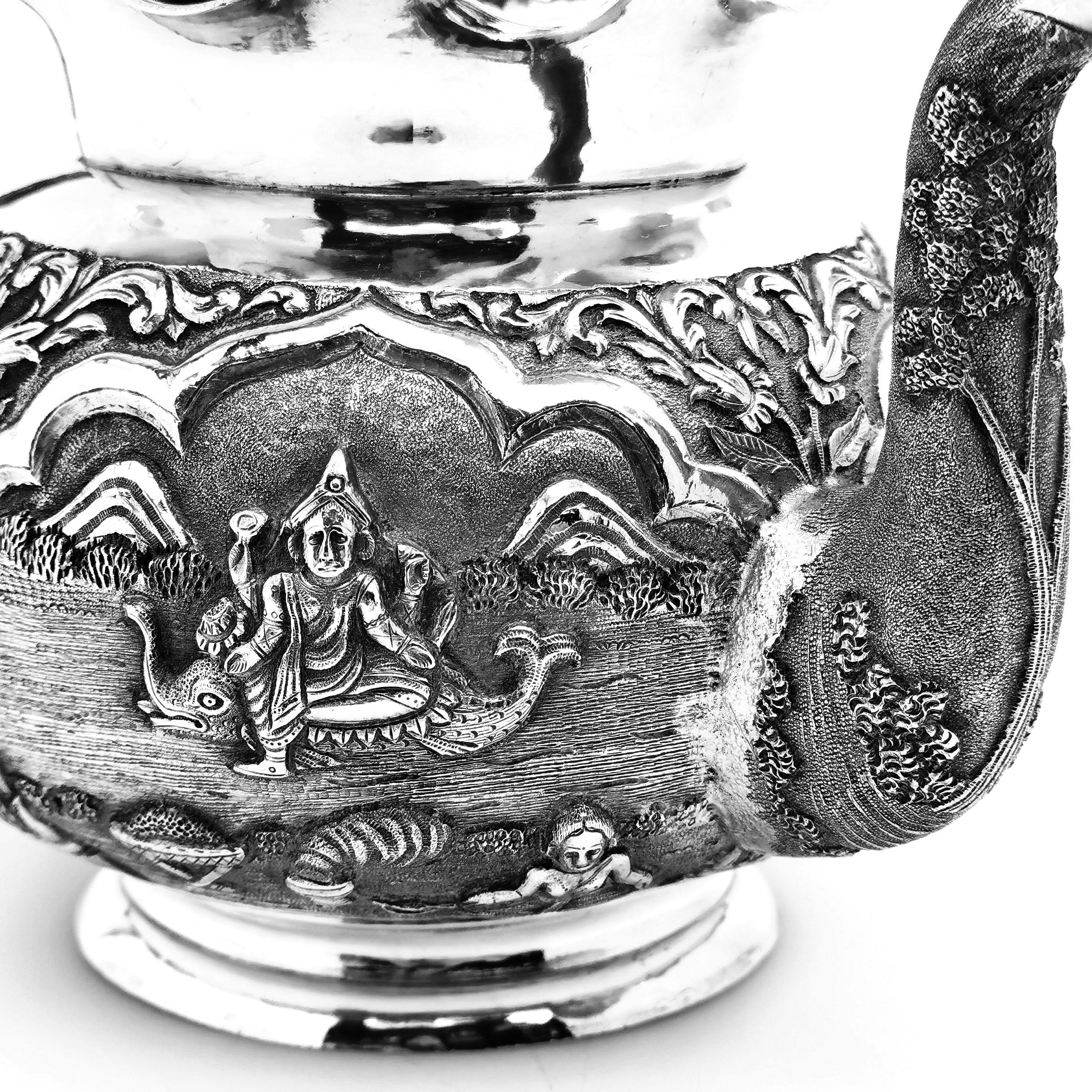 Antique Indian 3-Piece Silver Tea Set circa 1890 Cobra Handle Teapot  5